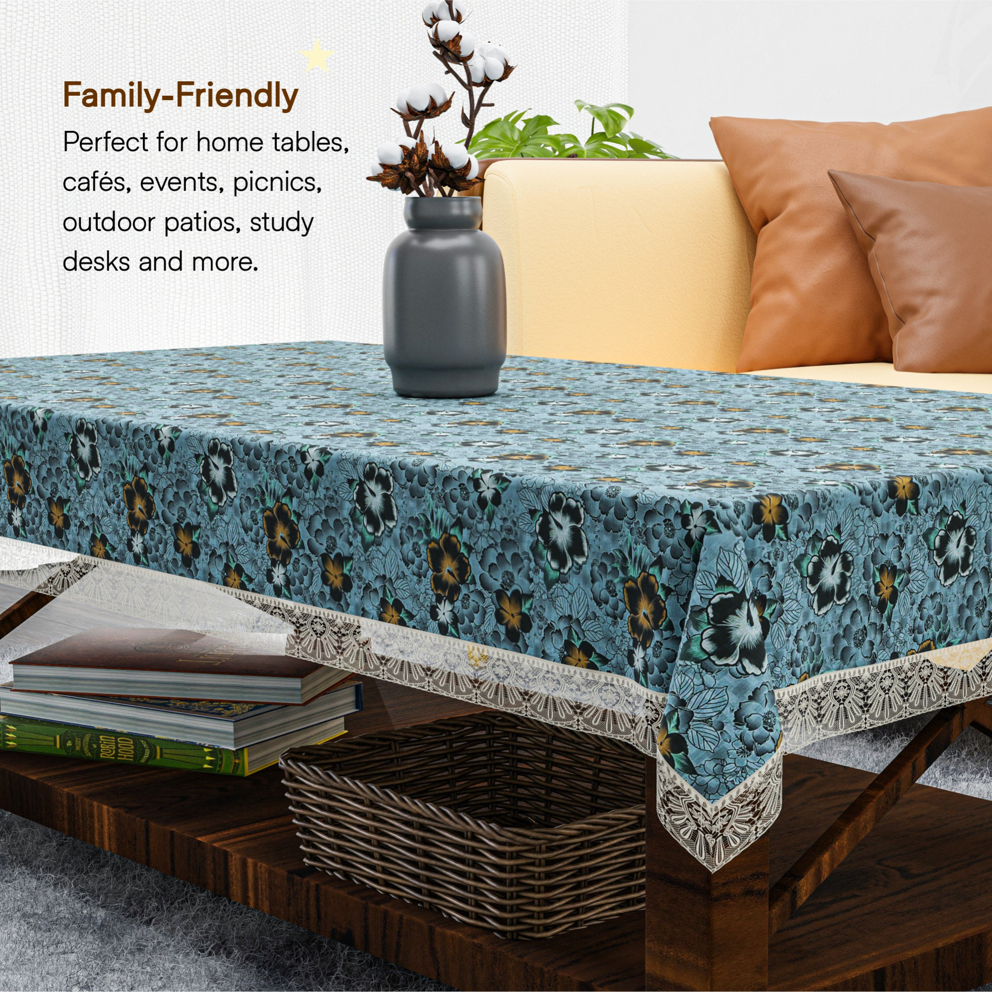 Kuber Industries 40x60 Inch PVC Center Table Cover 4 Seater for Living Room and Home Decor  Waterproof and Anti-Slip Teapoy Cover  Table Protector Sheet  Flower - Grey  Black