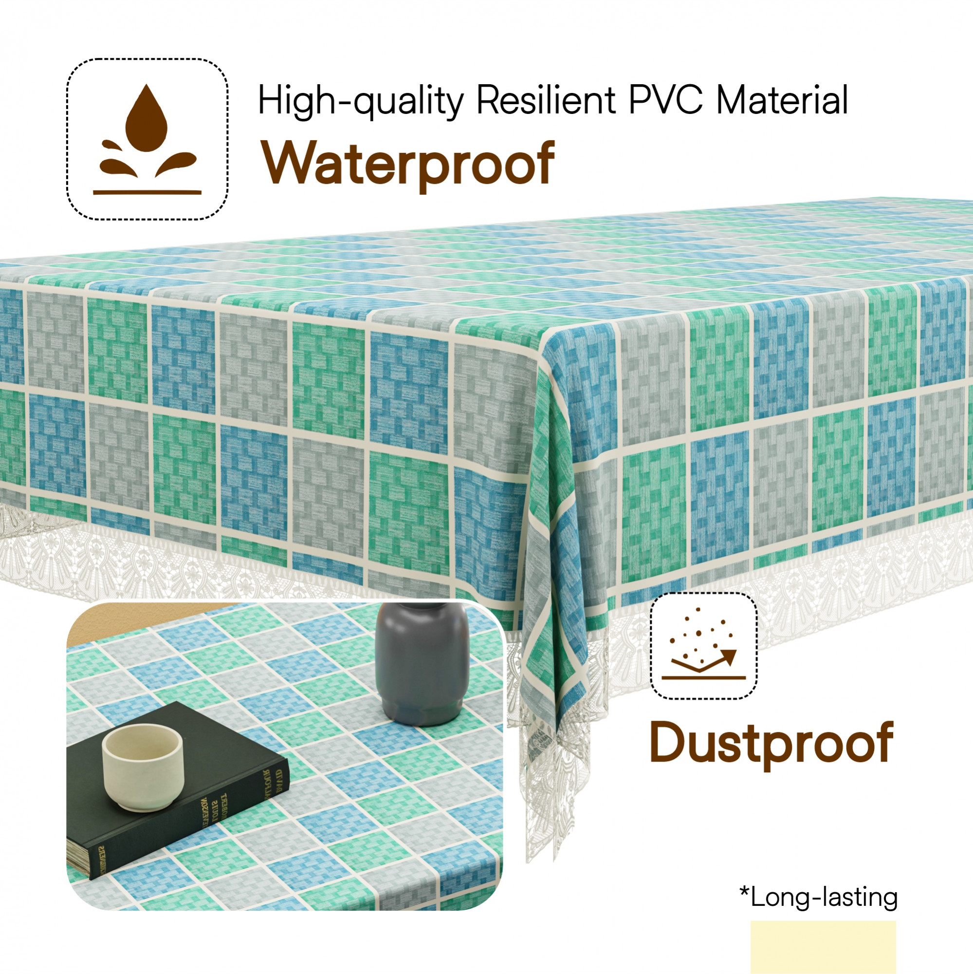 Kuber Industries 40x60 Inch PVC Center Table Cover 4 Seater for Living Room and Home Decor  Waterproof and Anti-Slip Teapoy Cover  Table Protector Sheet  Check - Grey  Blue