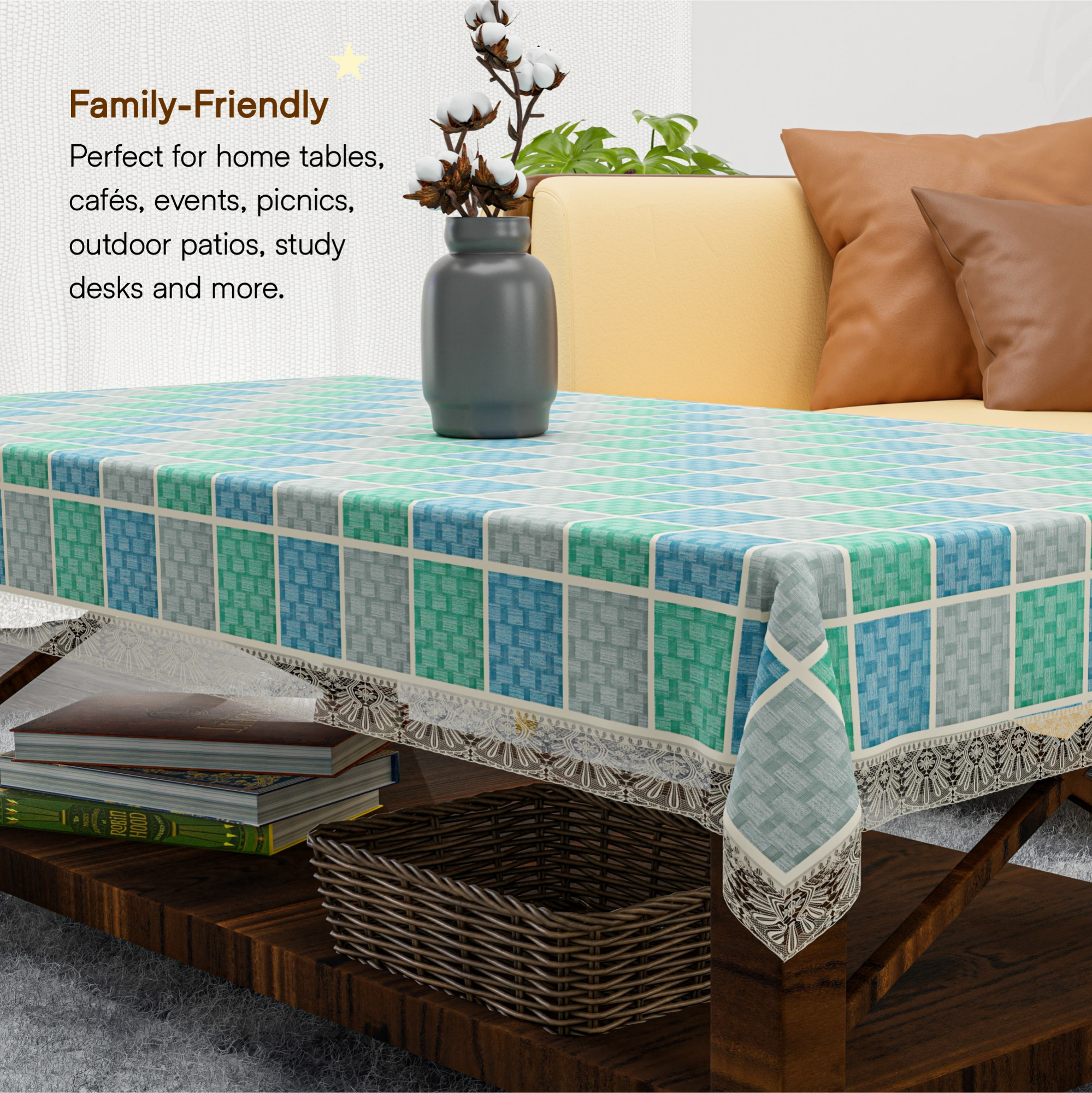 Kuber Industries 40x60 Inch PVC Center Table Cover 4 Seater for Living Room and Home Decor  Waterproof and Anti-Slip Teapoy Cover  Table Protector Sheet  Check - Grey  Blue