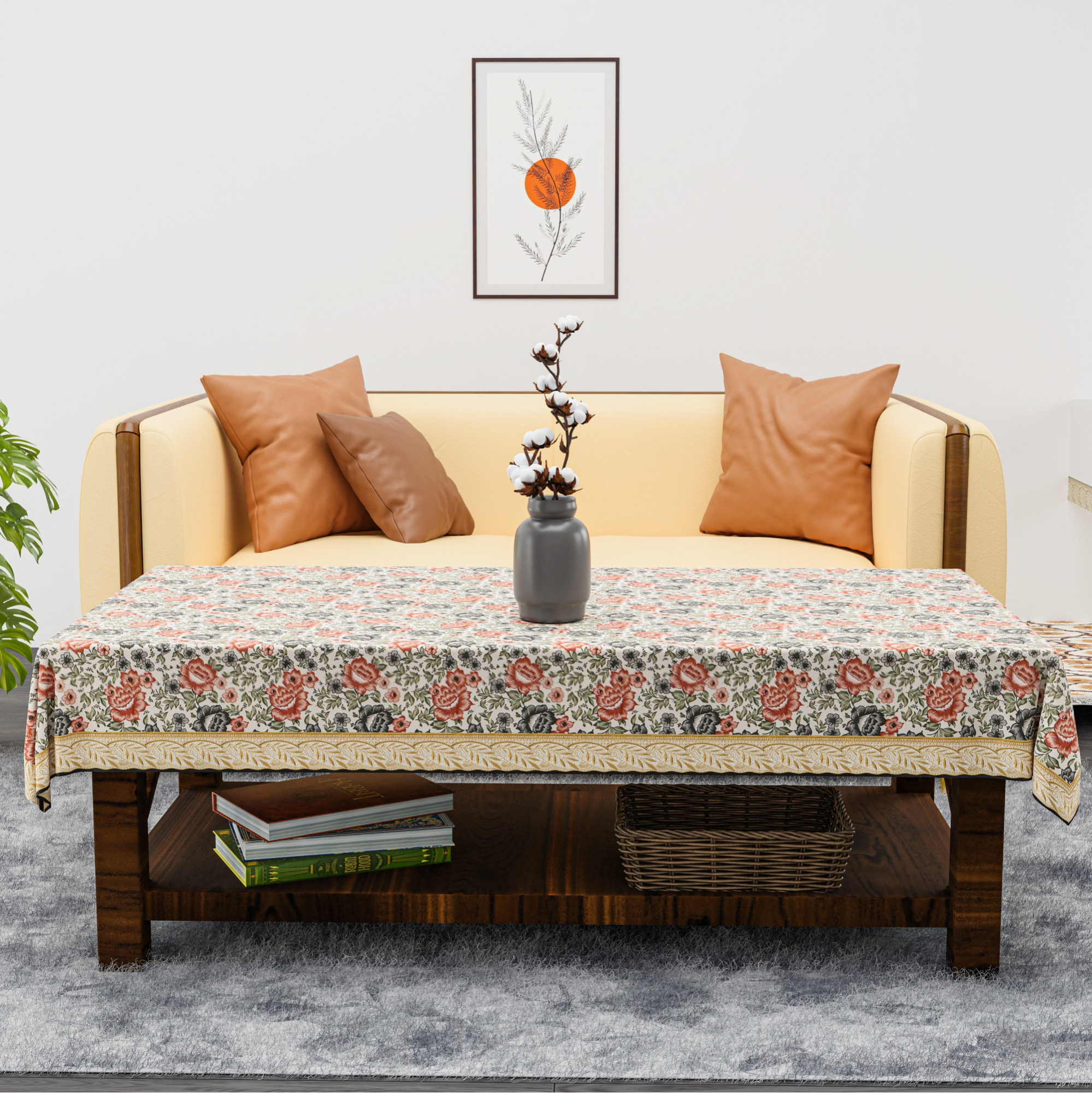 Kuber Industries 40x60 Inch PVC Waterproof Centre Table Cover 4 Seater for Living Room and Home Decor  Teapoy Center Table Cover Protector Sheet for Stains and Spills  Flower - Cream  Grey