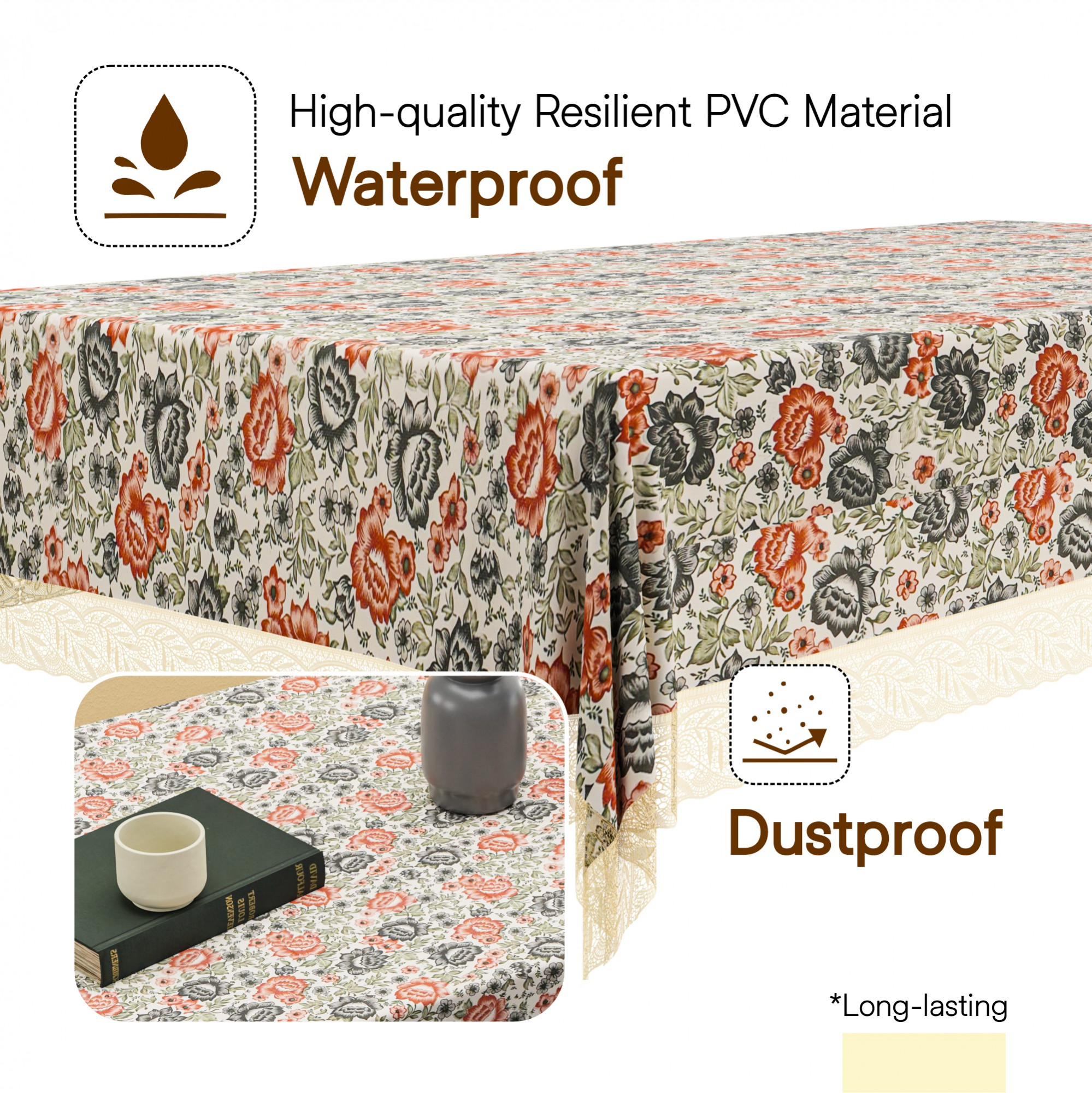 Kuber Industries 40x60 Inch PVC Waterproof Centre Table Cover 4 Seater for Living Room and Home Decor  Teapoy Center Table Cover Protector Sheet for Stains and Spills  Flower - Cream  Grey