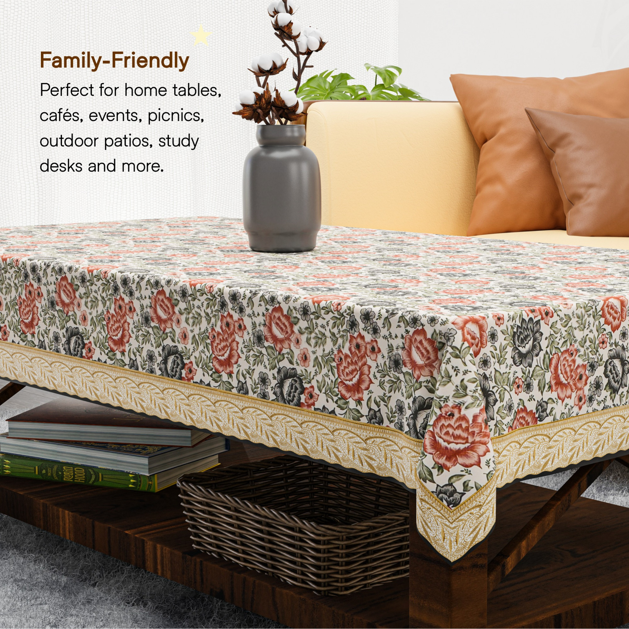 Kuber Industries 40x60 Inch PVC Waterproof Centre Table Cover 4 Seater for Living Room and Home Decor  Teapoy Center Table Cover Protector Sheet for Stains and Spills  Flower - Cream  Grey