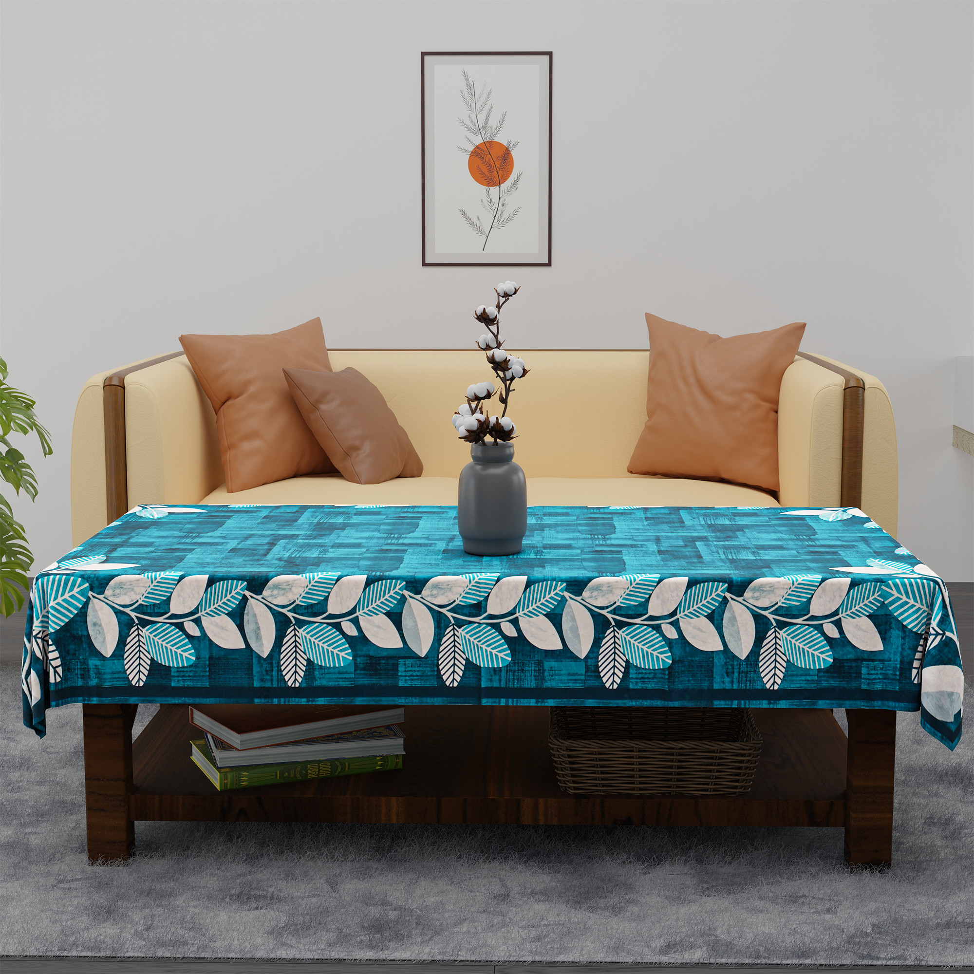 Kuber Industries 40x60 Inch Soft Velvet Center Table Cover 4 Seater  Rectangular Teapoy Table Top Cover Cloth for Living Room Home Decor Office and Restaurants  Leaf Side Border - Blue  White