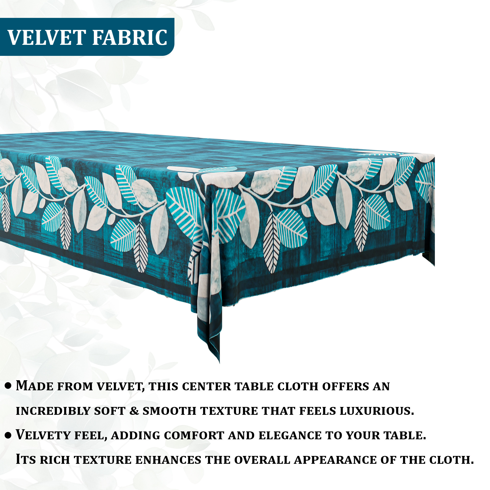 Kuber Industries 40x60 Inch Soft Velvet Center Table Cover 4 Seater  Rectangular Teapoy Table Top Cover Cloth for Living Room Home Decor Office and Restaurants  Leaf Side Border - Blue  White
