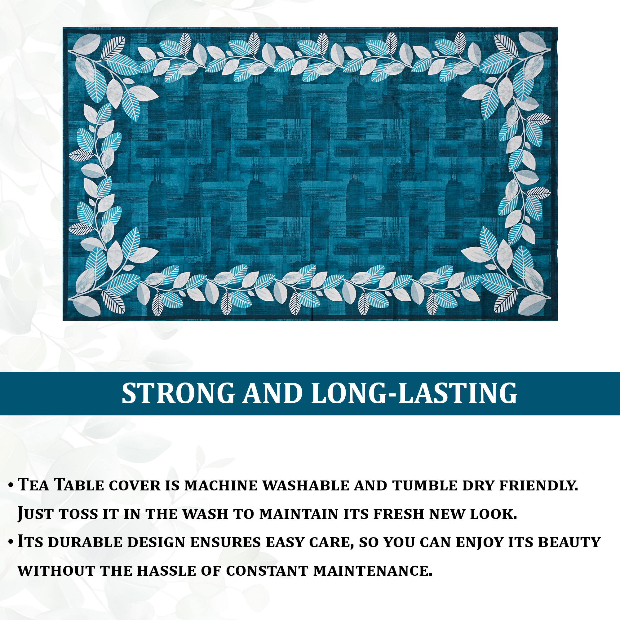 Kuber Industries 40x60 Inch Soft Velvet Center Table Cover 4 Seater  Rectangular Teapoy Table Top Cover Cloth for Living Room Home Decor Office and Restaurants  Leaf Side Border - Blue  White