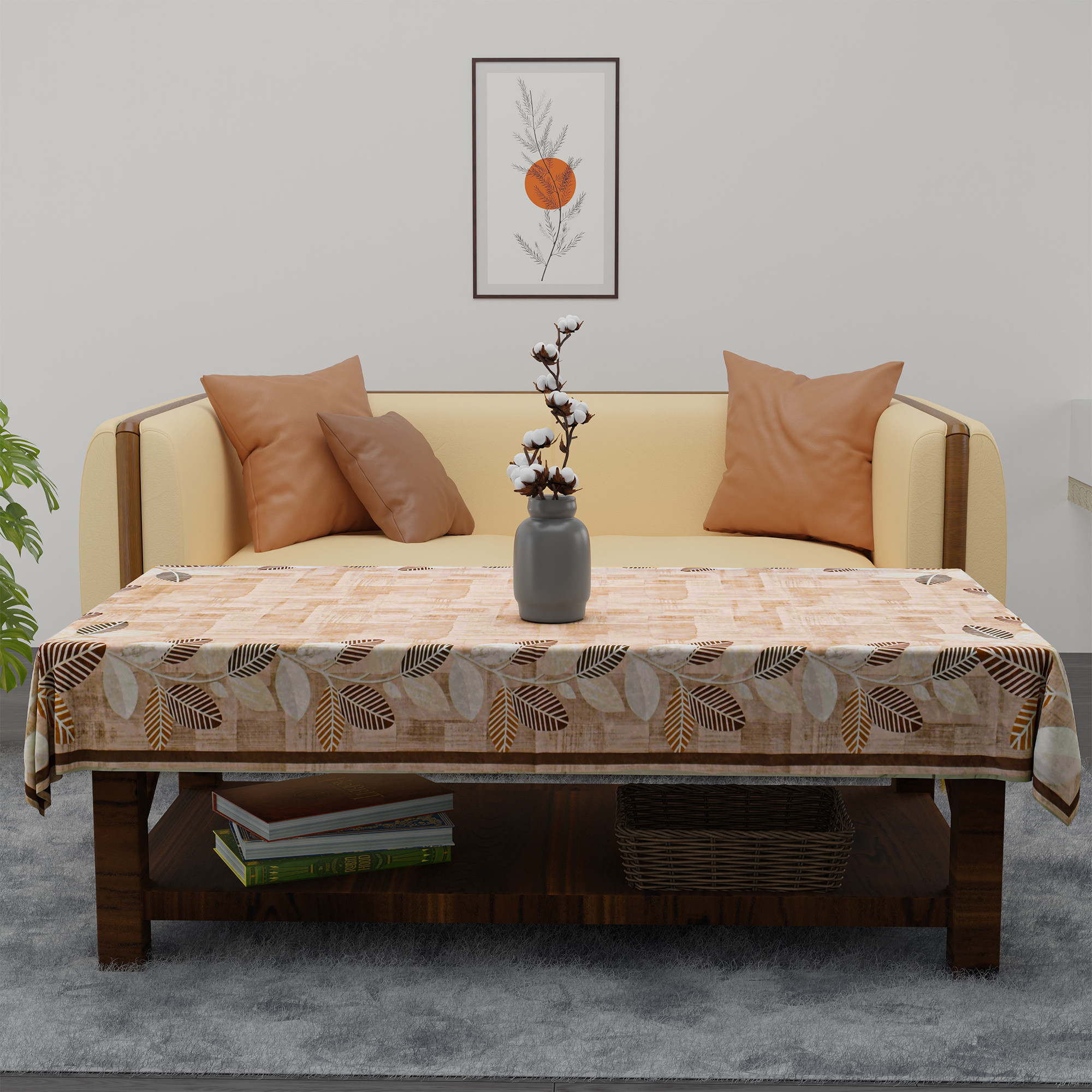 Kuber Industries 40x60 Inch Soft Velvet Center Table Cover 4 Seater  Rectangular Teapoy Table Top Cover Cloth for Living Room Home Decor Office and Restaurants  Leaf Side Border - Brown  White