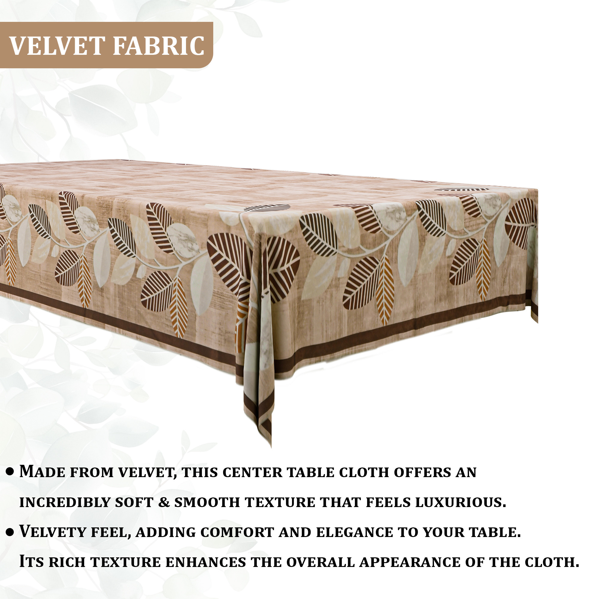 Kuber Industries 40x60 Inch Soft Velvet Center Table Cover 4 Seater  Rectangular Teapoy Table Top Cover Cloth for Living Room Home Decor Office and Restaurants  Leaf Side Border - Brown  White