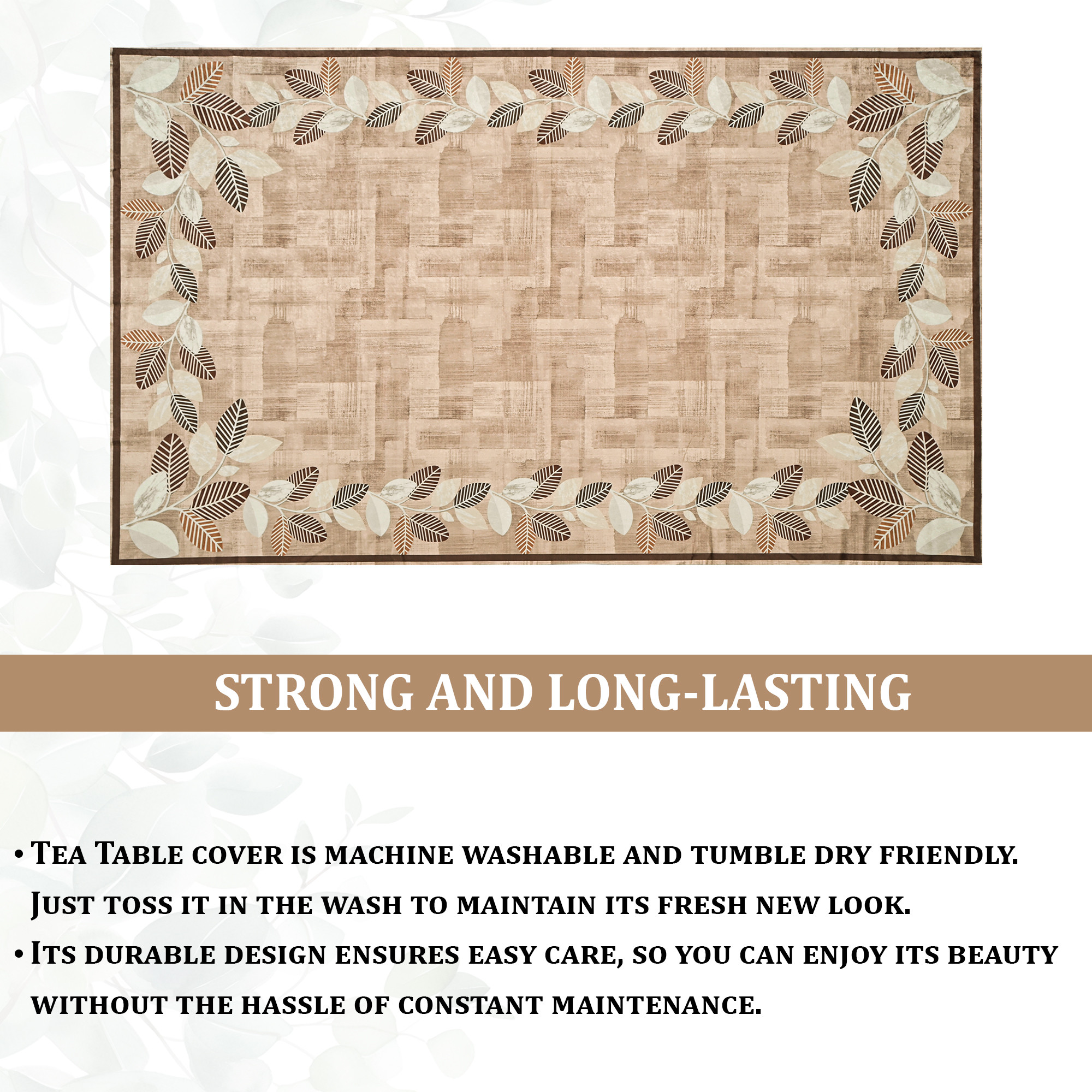 Kuber Industries 40x60 Inch Soft Velvet Center Table Cover 4 Seater  Rectangular Teapoy Table Top Cover Cloth for Living Room Home Decor Office and Restaurants  Leaf Side Border - Brown  White