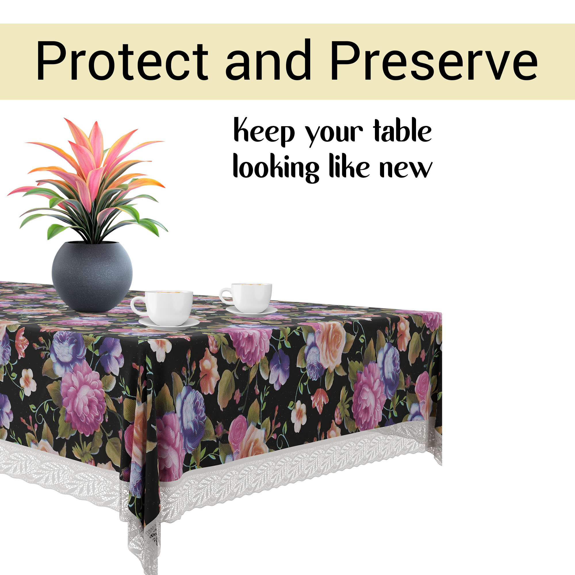 Kuber Industries 40x60 Inch Waterproof PVC Table Cover  Rectangular Table Protector for 4-Seater  Heat-Resistant Scratch-Proof Easy to Clean Tablecloth for Center or Dining   Mix Rose - Black