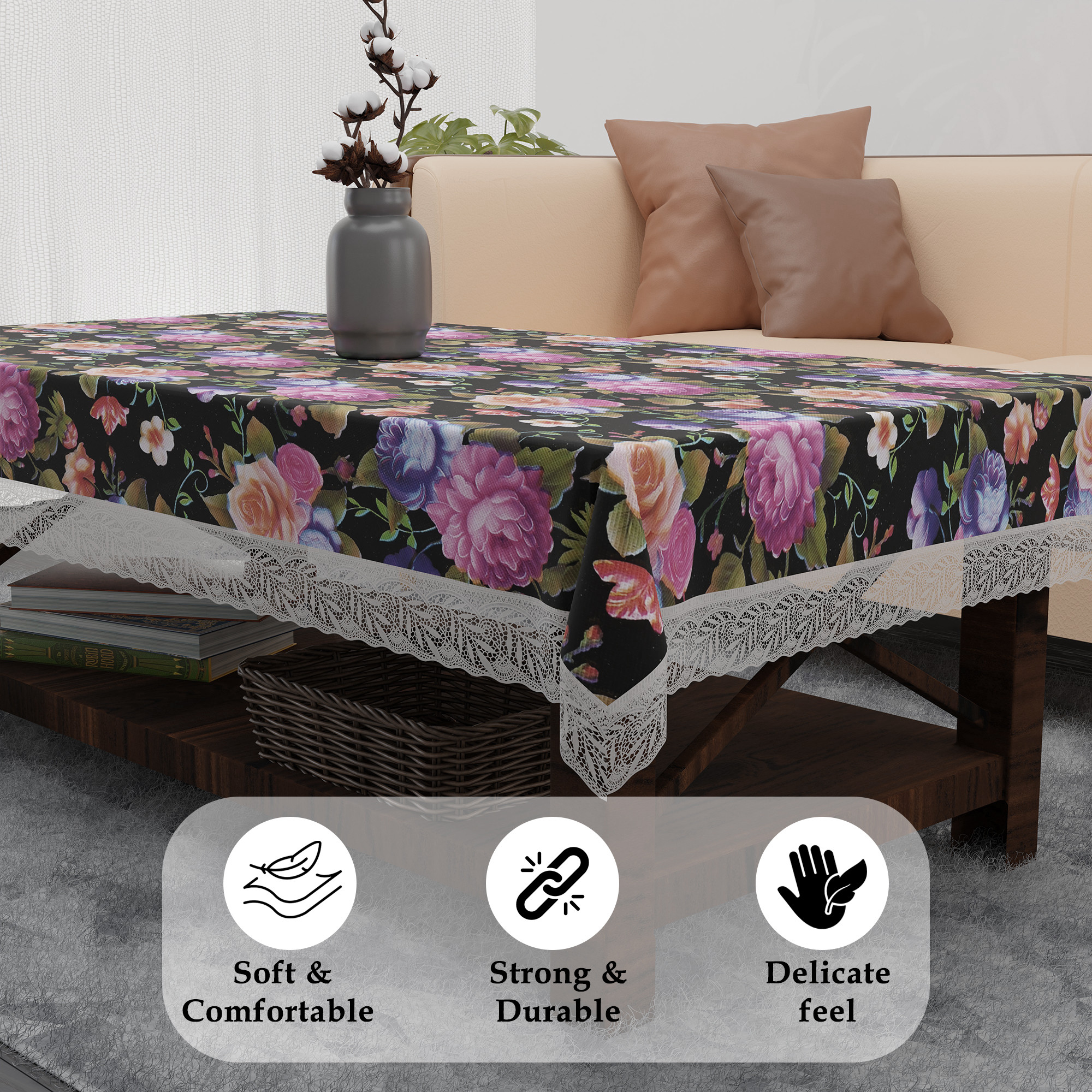 Kuber Industries 40x60 Inch Waterproof PVC Table Cover  Rectangular Table Protector for 4-Seater  Heat-Resistant Scratch-Proof Easy to Clean Tablecloth for Center or Dining   Mix Rose - Black