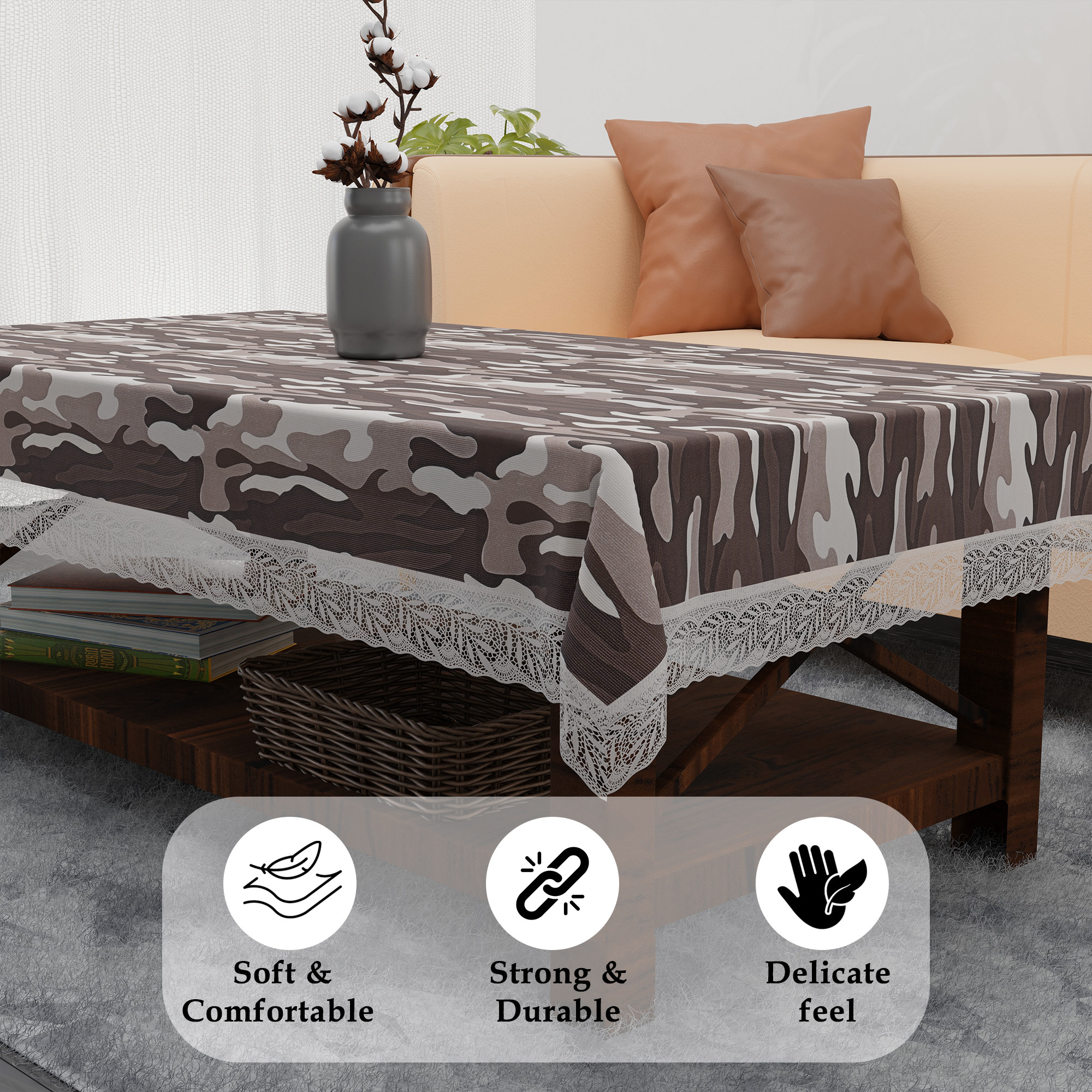 Kuber Industries 40x60 Inch Waterproof PVC Table Cover  Rectangular Table Protector for 4-Seater  Heat-Resistant Scratch-Proof Easy to Clean Tablecloth for Center or Dining   Camouflage - Brown
