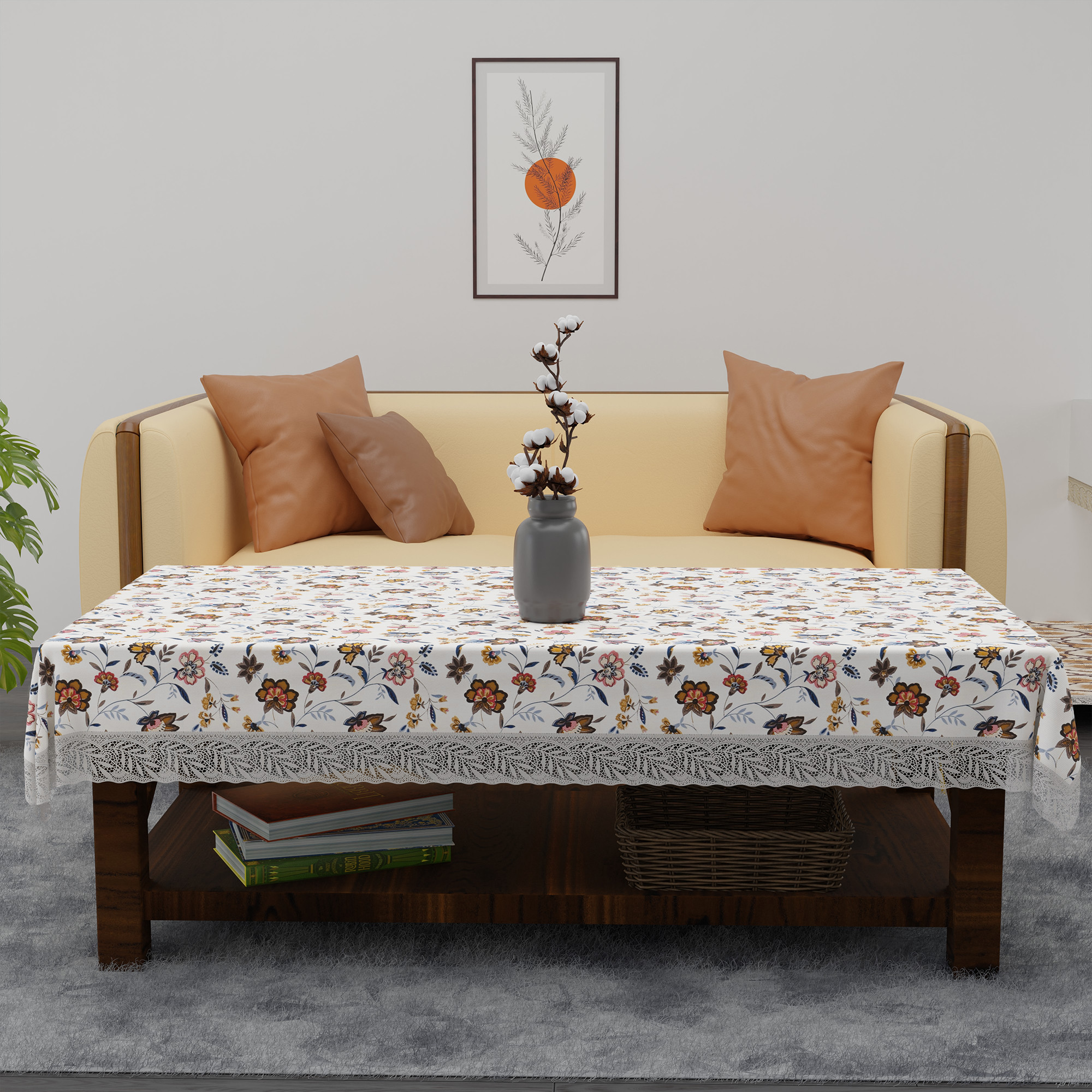 Kuber Industries 40x60 Inch Waterproof PVC Table Cover  Table Protector for 4-Seater  Heat-Resistant Scratch-Proof Easy to Clean Tablecloth for Center or Dining   Barik Flower - Cream