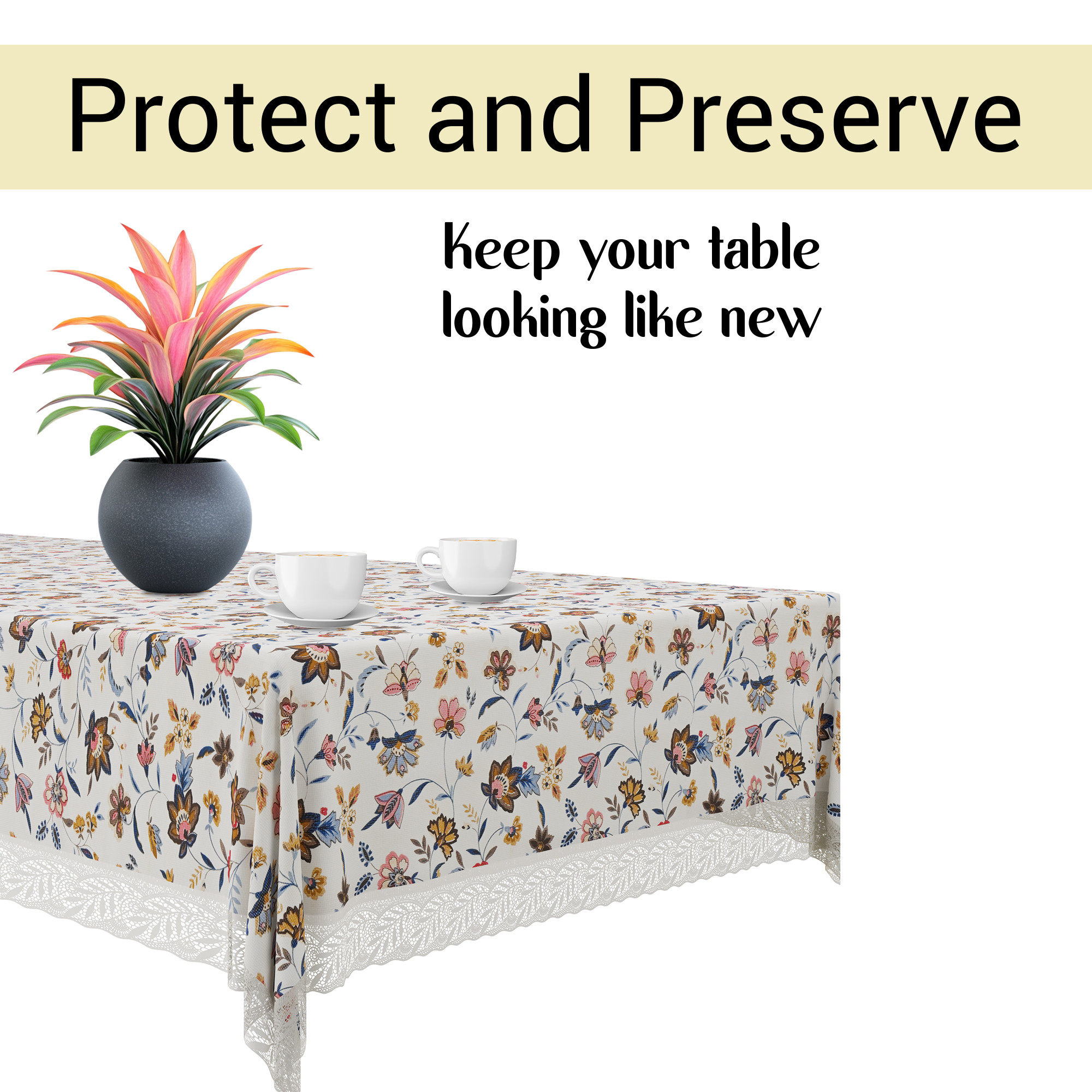 Kuber Industries 40x60 Inch Waterproof PVC Table Cover  Table Protector for 4-Seater  Heat-Resistant Scratch-Proof Easy to Clean Tablecloth for Center or Dining   Barik Flower - Cream