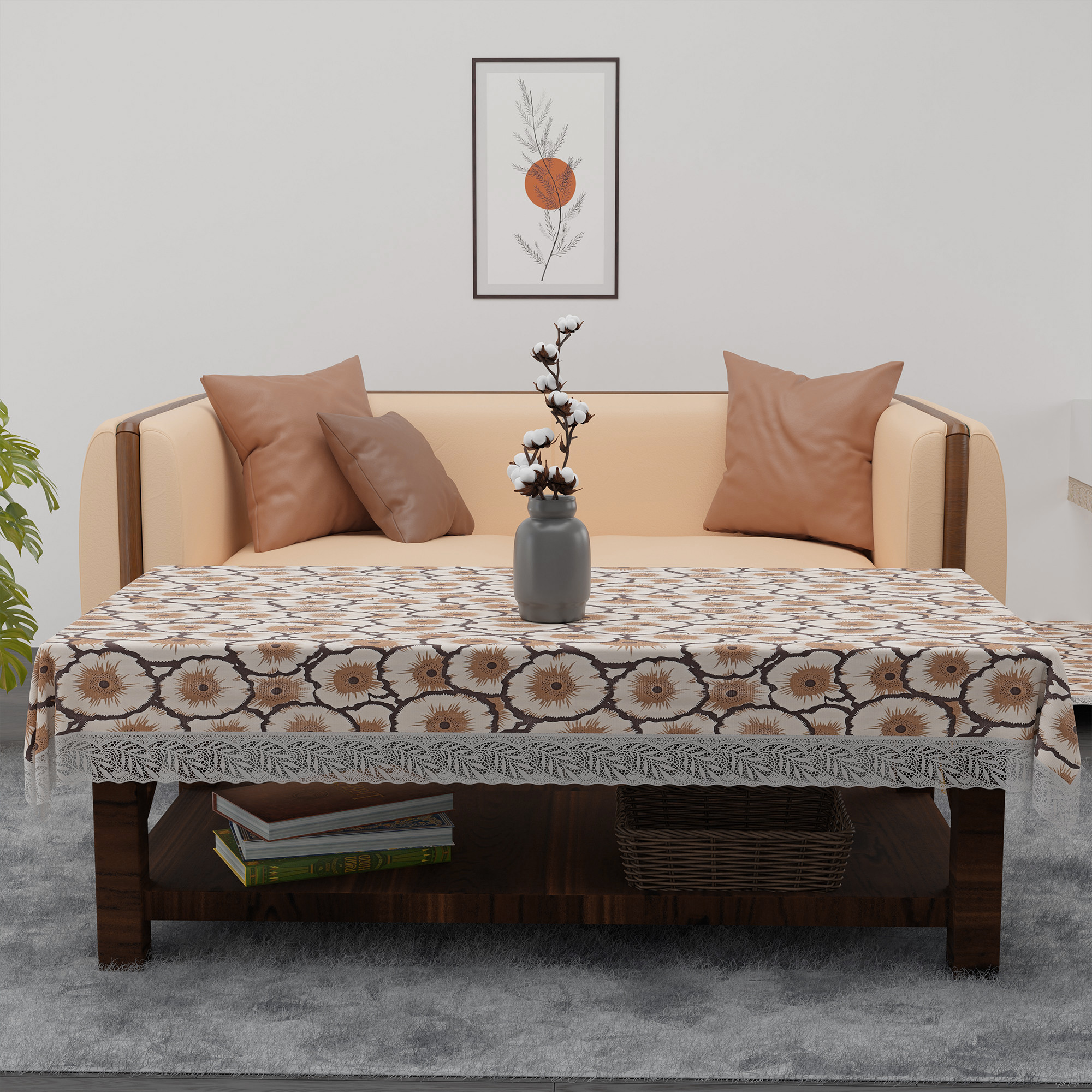 Kuber Industries 40x60 Inch Waterproof PVC Table Cover  Table Protector for 4-Seater  Heat-Resistant Scratch-Proof Easy to Clean Tablecloth for Center or Dining   Flower - Cream  Brown