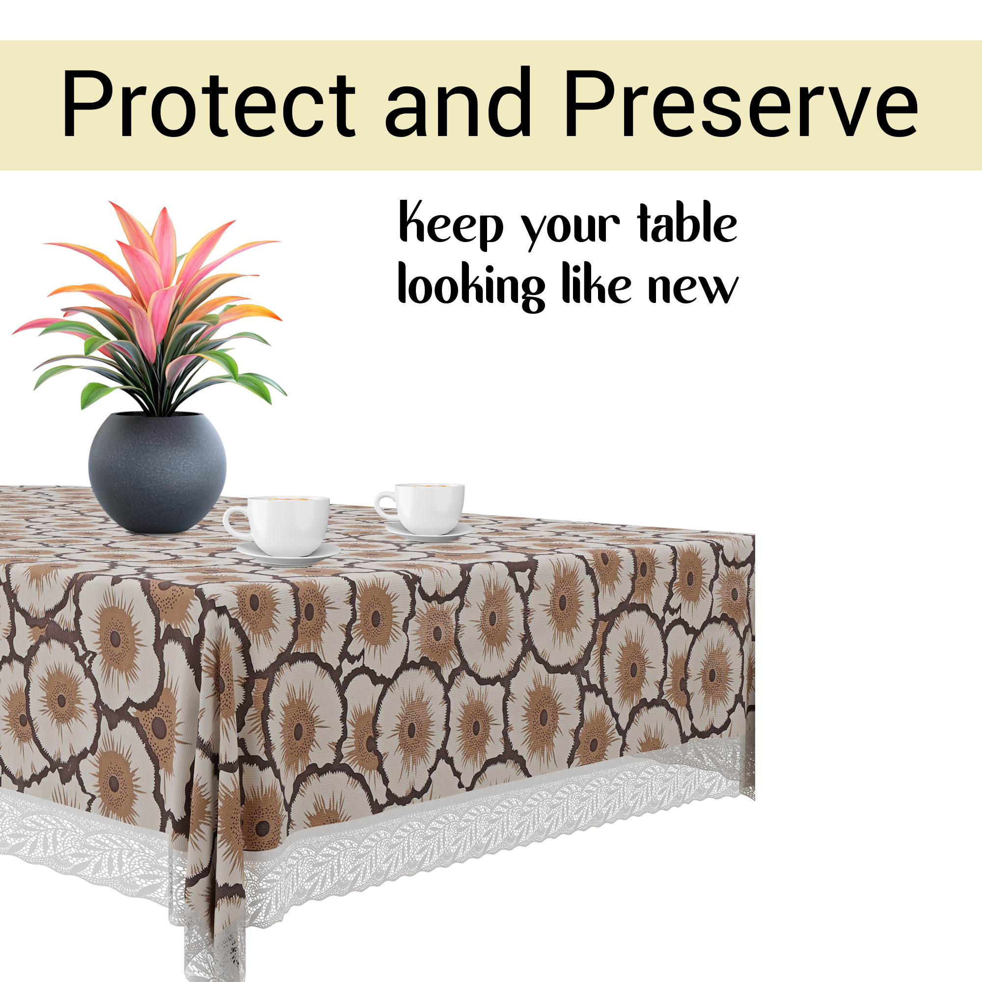 Kuber Industries 40x60 Inch Waterproof PVC Table Cover  Table Protector for 4-Seater  Heat-Resistant Scratch-Proof Easy to Clean Tablecloth for Center or Dining   Flower - Cream  Brown