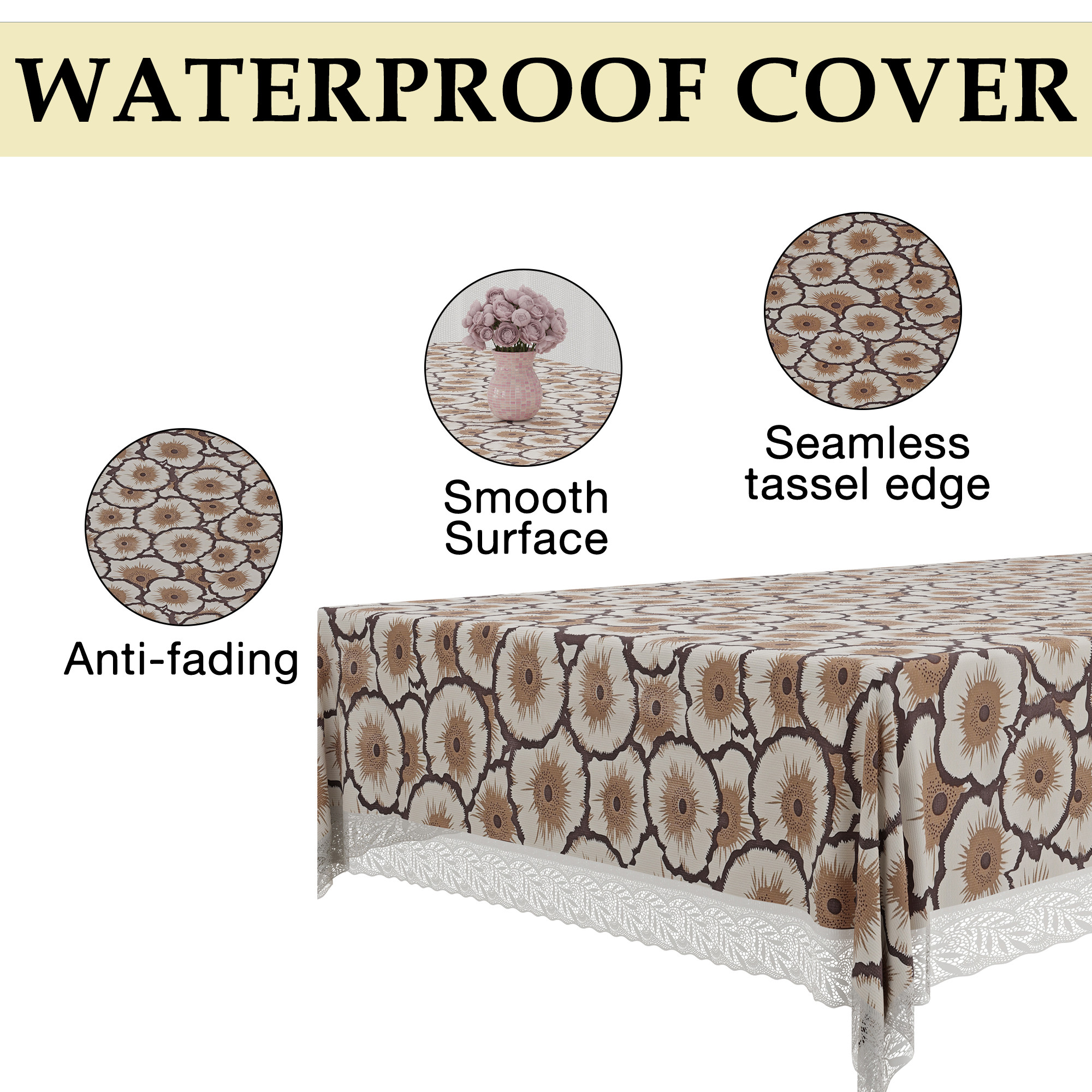 Kuber Industries 40x60 Inch Waterproof PVC Table Cover  Table Protector for 4-Seater  Heat-Resistant Scratch-Proof Easy to Clean Tablecloth for Center or Dining   Flower - Cream  Brown