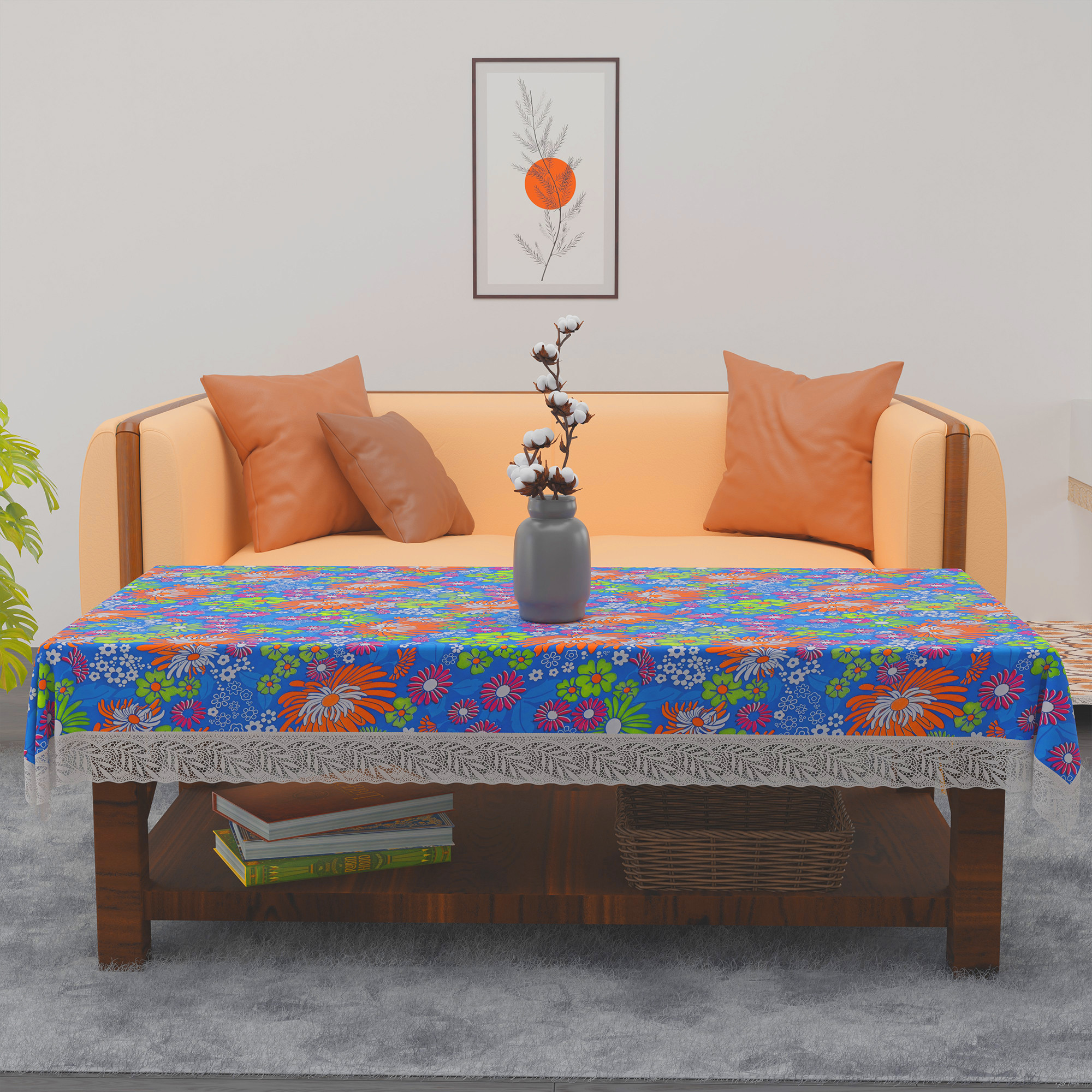 Kuber Industries 40x60 Inch Waterproof PVC Table Cover  Table Protector for 4-Seater  Heat-Resistant Scratch-Proof Easy to Clean Tablecloth for Center or Dining   Multi Flower - Blue