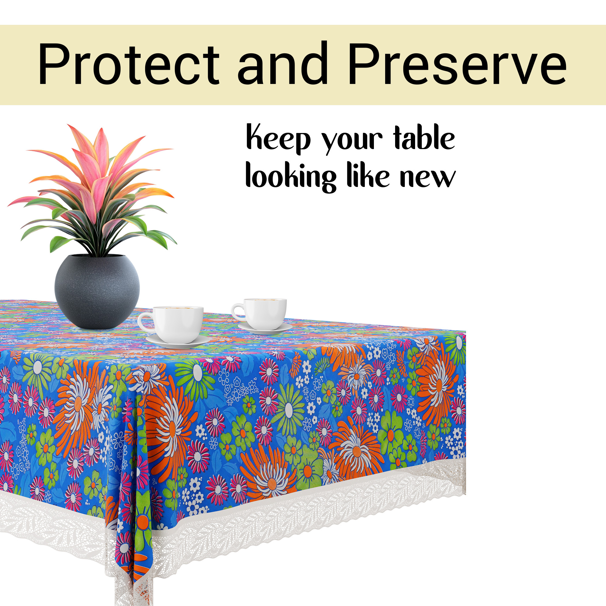 Kuber Industries 40x60 Inch Waterproof PVC Table Cover  Table Protector for 4-Seater  Heat-Resistant Scratch-Proof Easy to Clean Tablecloth for Center or Dining   Multi Flower - Blue