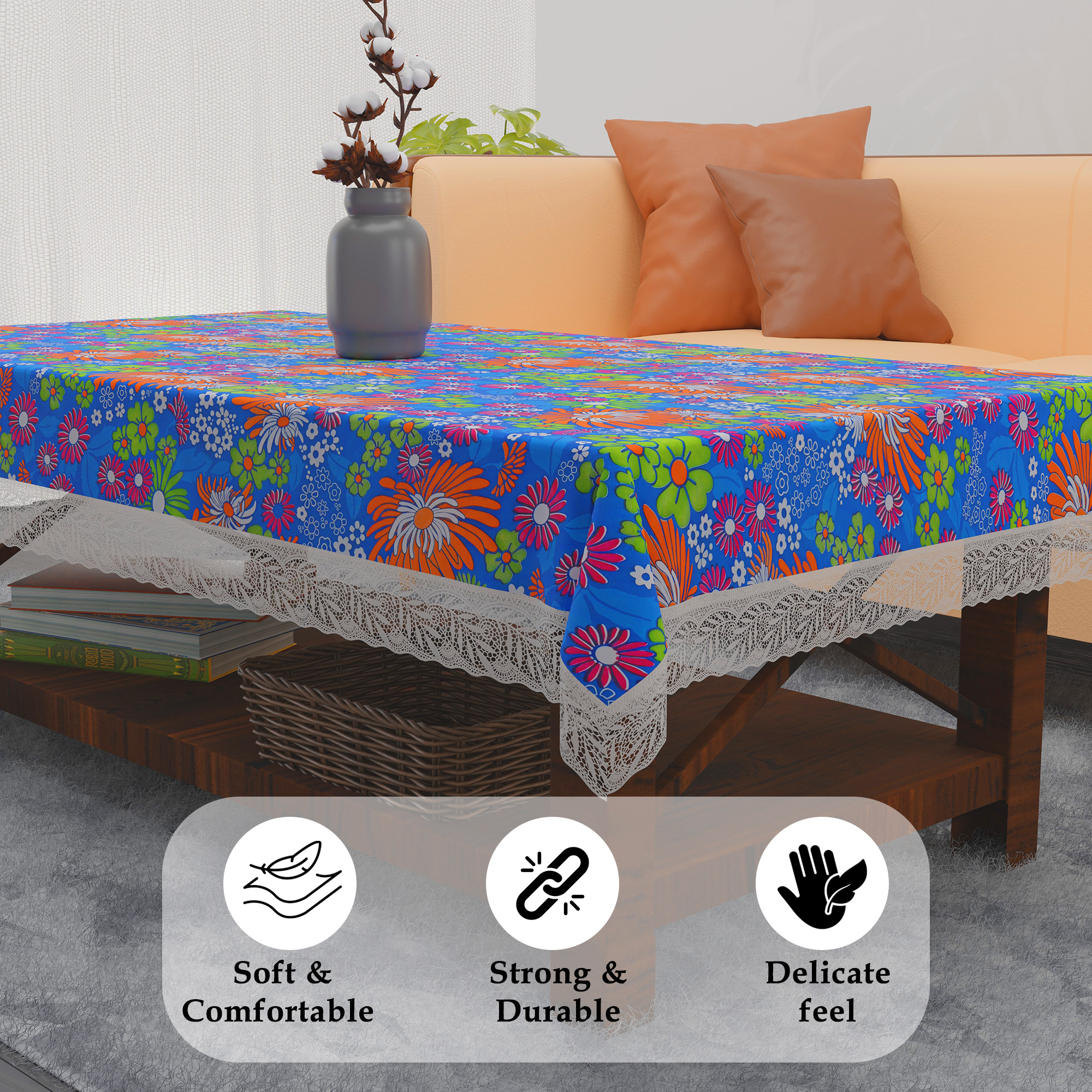 Kuber Industries 40x60 Inch Waterproof PVC Table Cover  Table Protector for 4-Seater  Heat-Resistant Scratch-Proof Easy to Clean Tablecloth for Center or Dining   Multi Flower - Blue