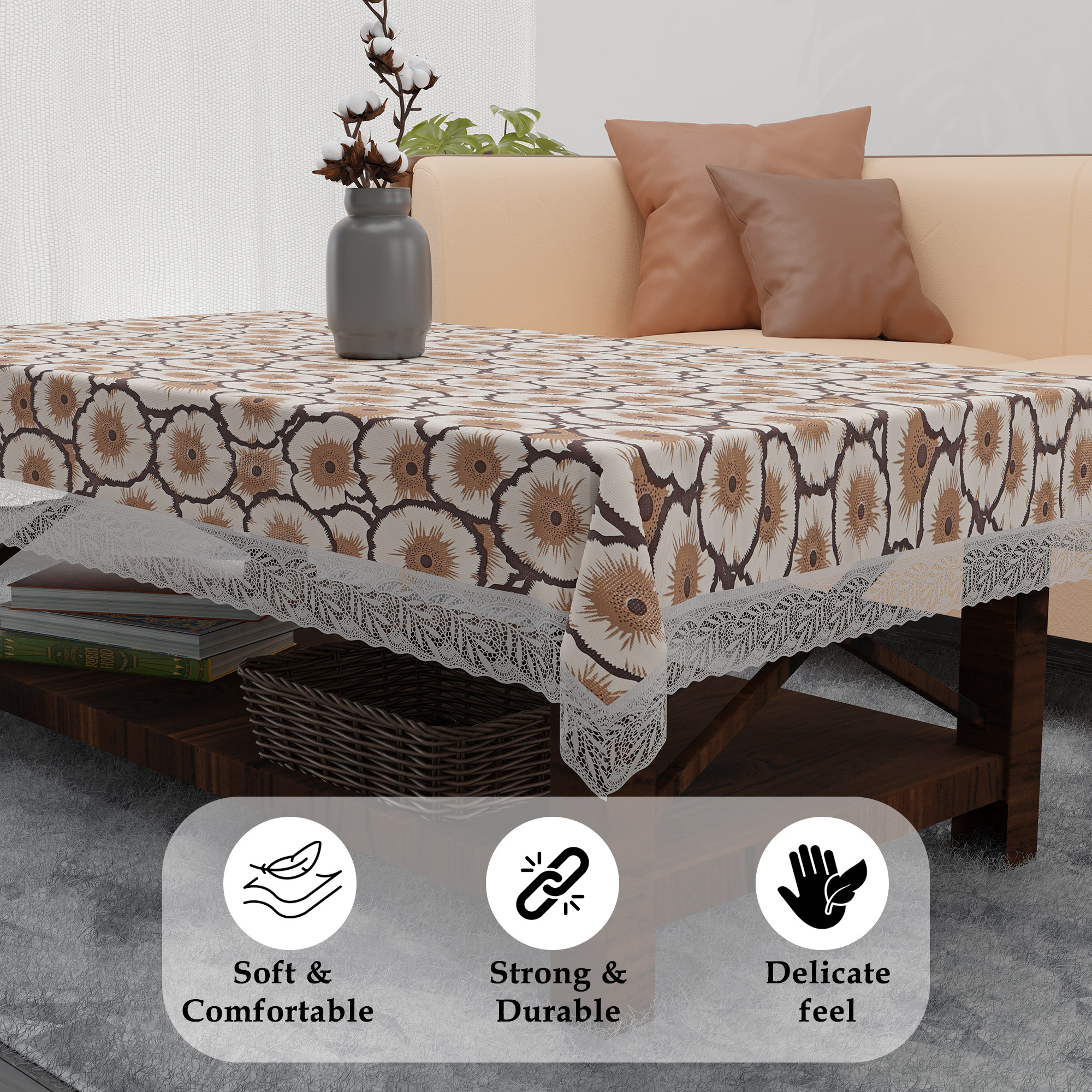 Kuber Industries 40x60 Inch Waterproof PVC Table Cover  Table Protector for 4-Seater  Heat-Resistant Scratch-Proof Easy to Clean Tablecloth for Center or Dining   Flower - Cream  Brown