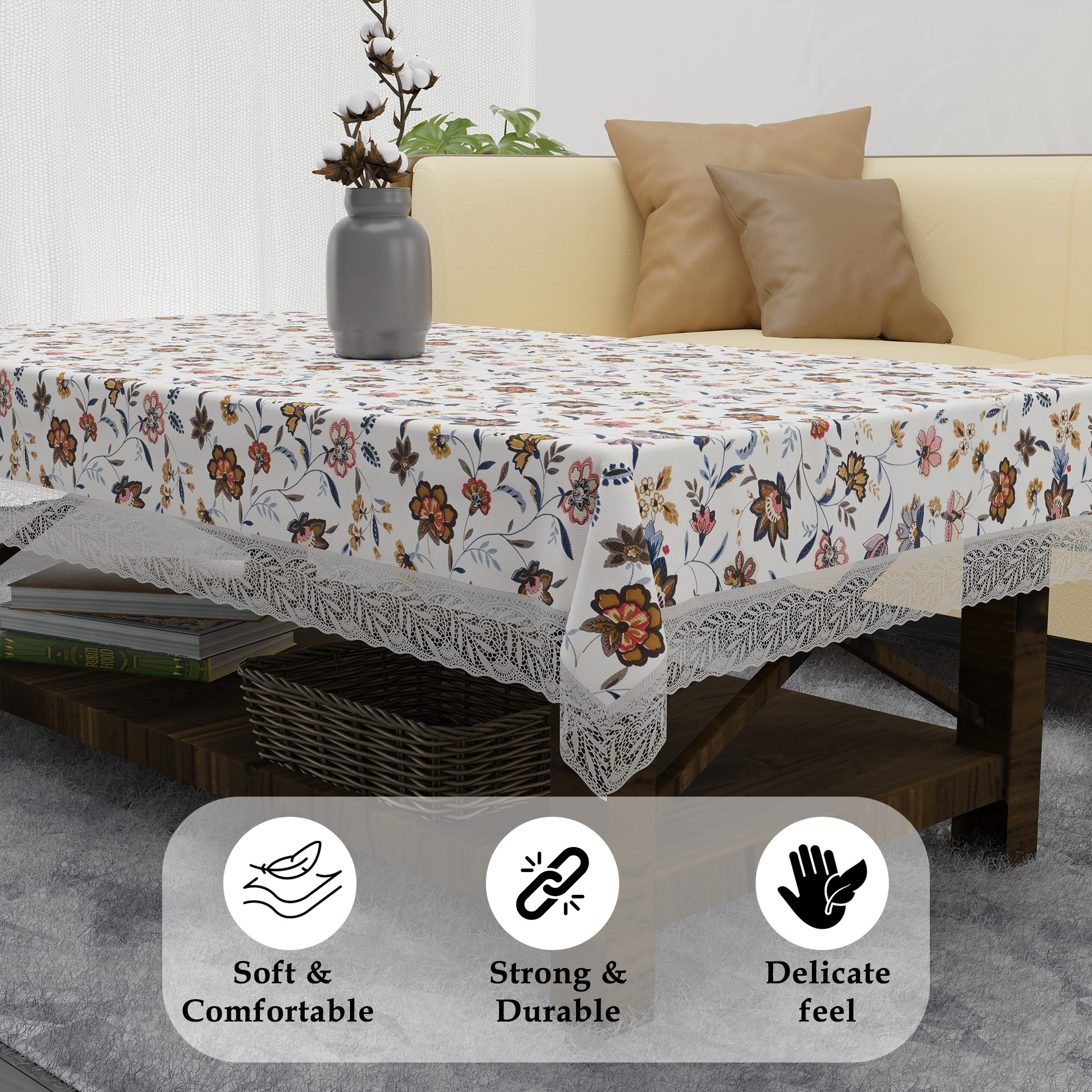 Kuber Industries 40x60 Inch Waterproof PVC Table Cover  Table Protector for 4-Seater  Heat-Resistant Scratch-Proof Easy to Clean Tablecloth for Center or Dining   Barik Flower - Cream