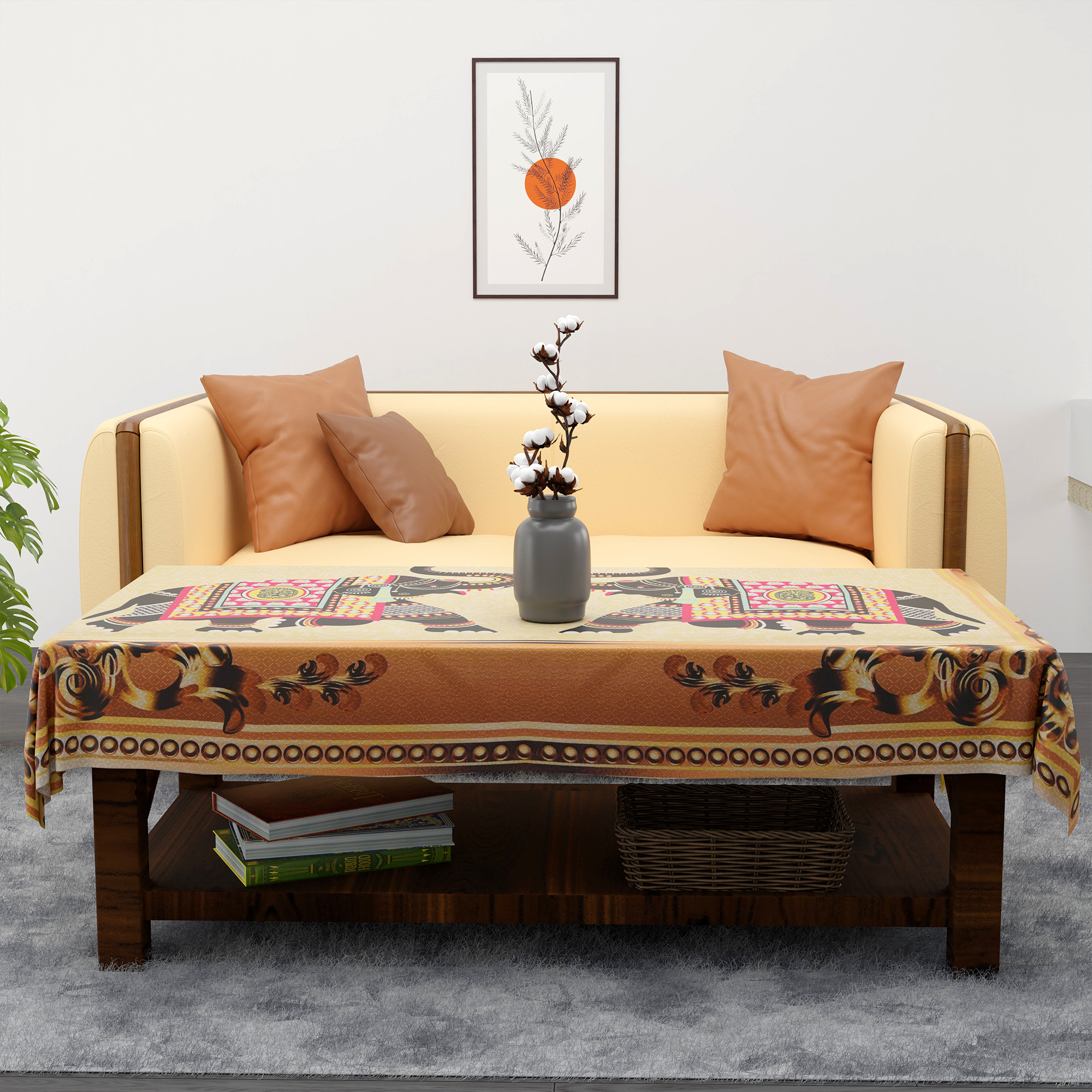 Kuber Industries 40x60 Inches Jute Table Cover  4 Seater Washable  Dustproof Table Protector  Sheet Cloth For Home  Restaurant  Hathi Print - Golden