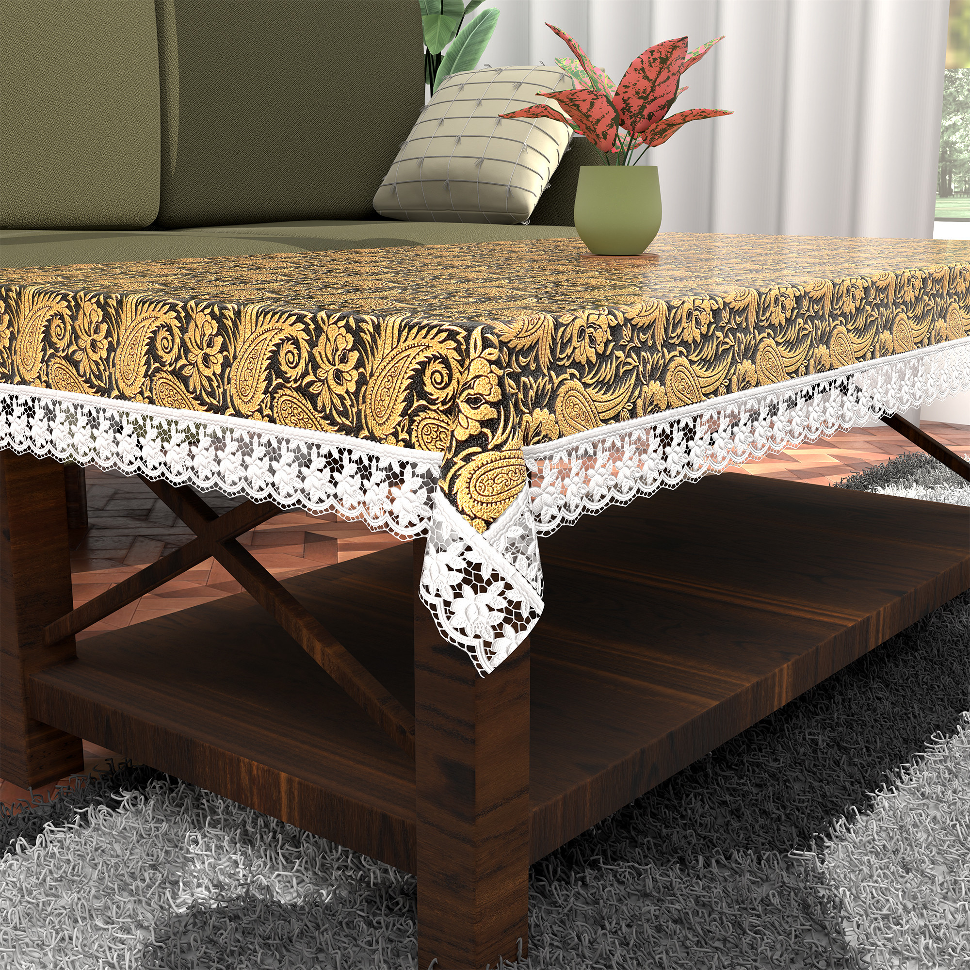 Kuber Industries 40x60 Inches Waterproof 4 Seater Dining Table Cover  Durable  Wipeable Centre Table Sheet Cloth  Protector for Home Bedroom  Office  Multi Floral - Black Golden