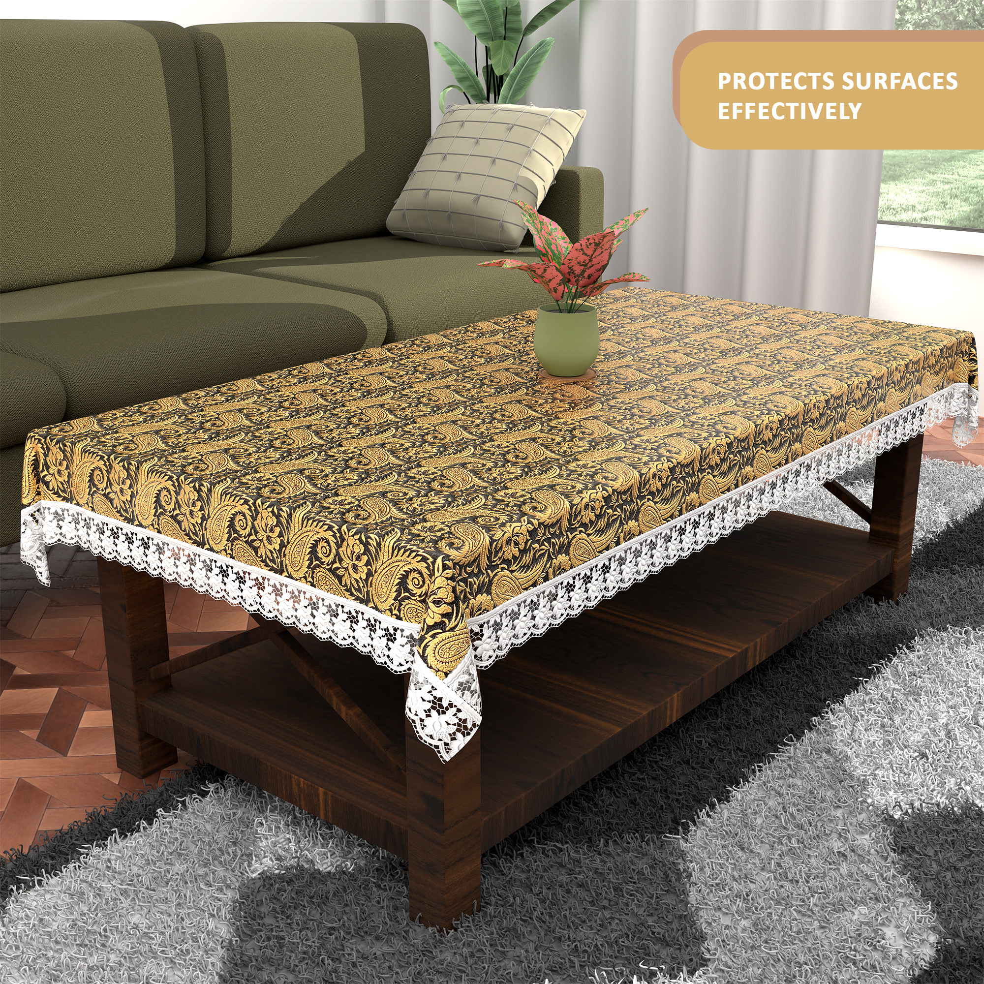Kuber Industries 40x60 Inches Waterproof 4 Seater Dining Table Cover  Durable  Wipeable Centre Table Sheet Cloth  Protector for Home Bedroom  Office  Multi Floral - Black Golden