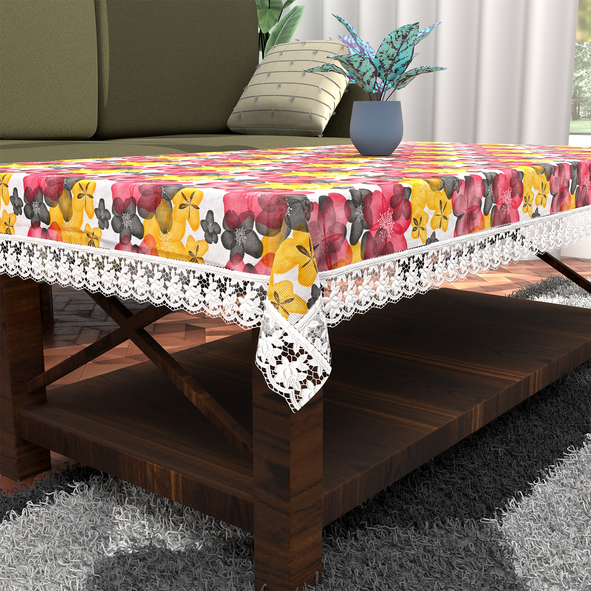 Kuber Industries 40x60 Inches Waterproof 4 Seater Dining Table Cover  Durable  Wipeable Centre Table Sheet Cloth  Protector for Home Bedroom  Office  Multi Floral - White Red