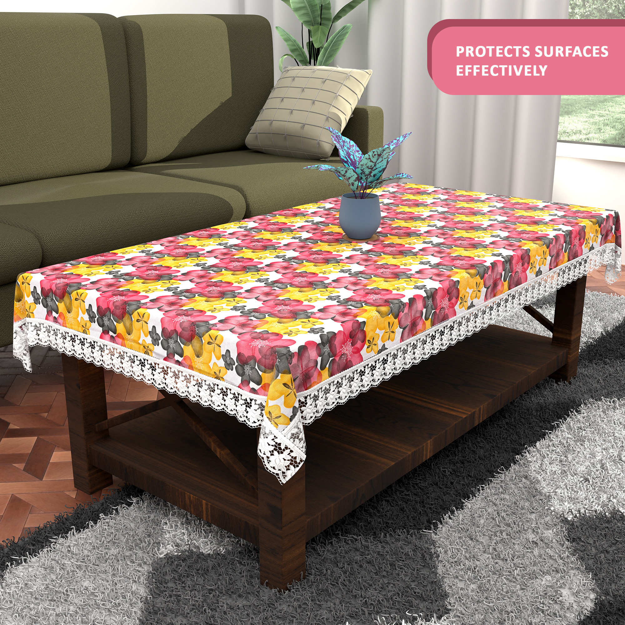 Kuber Industries 40x60 Inches Waterproof 4 Seater Dining Table Cover  Durable  Wipeable Centre Table Sheet Cloth  Protector for Home Bedroom  Office  Multi Floral - White Red