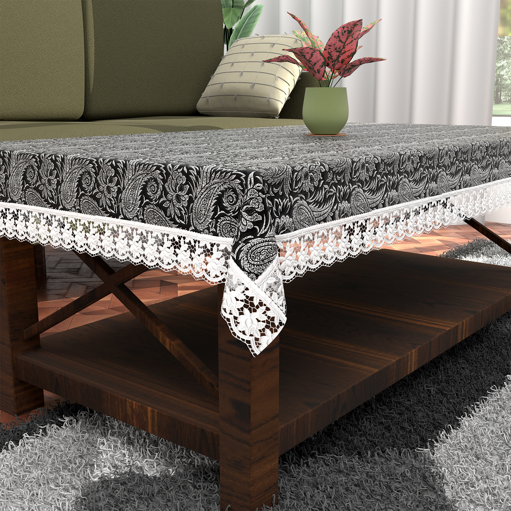 Kuber Industries 40x60 Inches Waterproof 4 Seater Dining Table Cover  Durable  Wipeable Centre Table Sheet Cloth  Protector for Home Bedroom  Office  Multi Floral - Black Silver