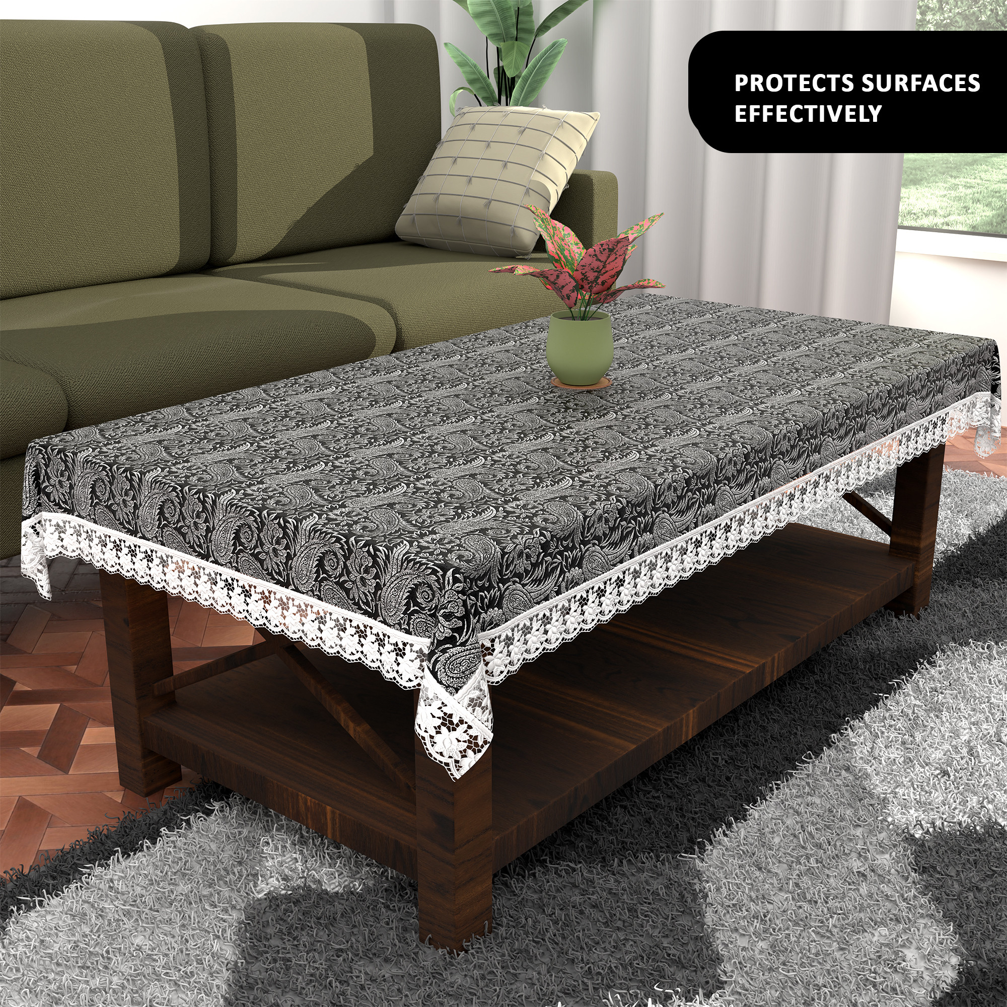 Kuber Industries 40x60 Inches Waterproof 4 Seater Dining Table Cover  Durable  Wipeable Centre Table Sheet Cloth  Protector for Home Bedroom  Office  Multi Floral - Black Silver