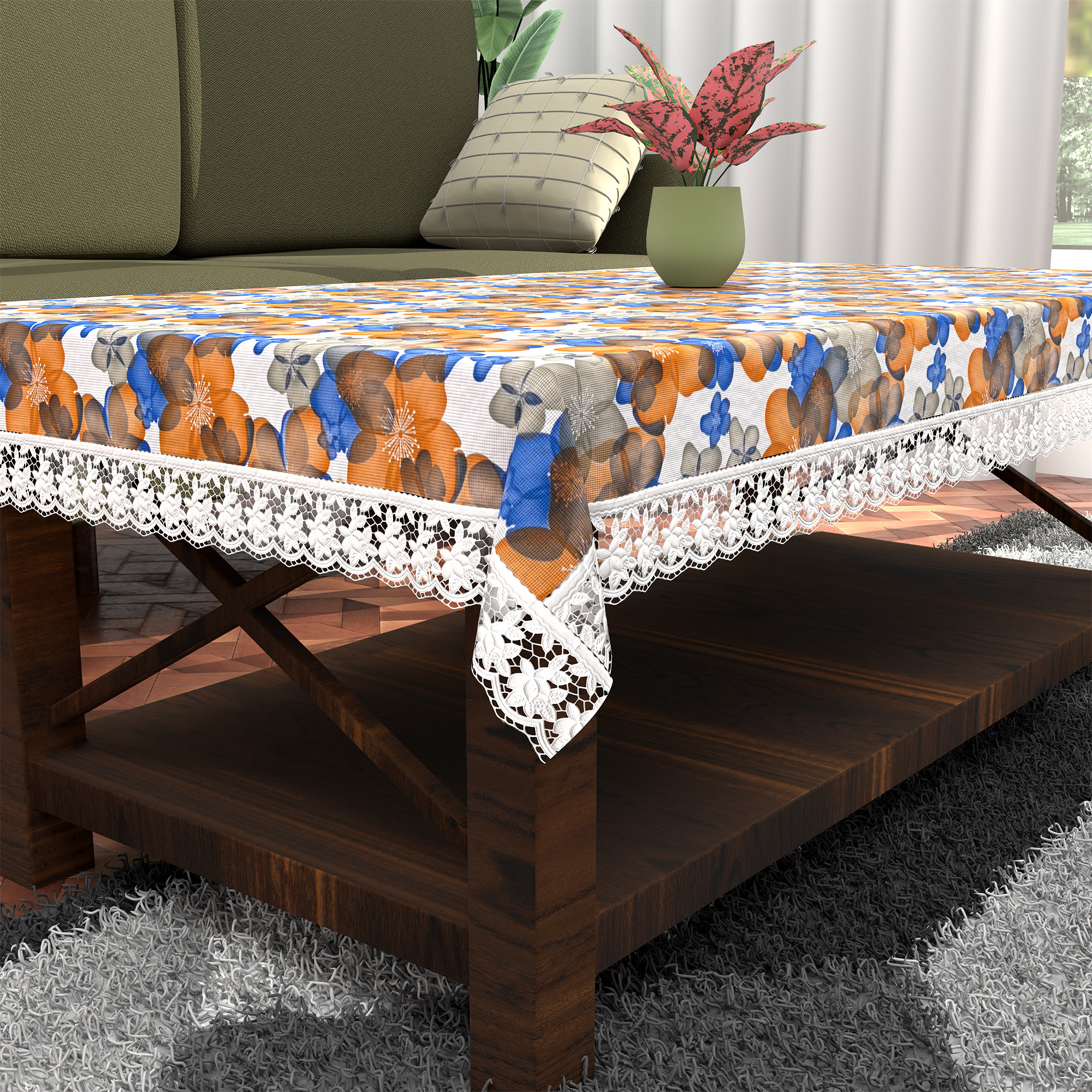 Kuber Industries 40x60 Inches Waterproof 4 Seater Dining Table Cover  Durable  Wipeable Centre Table Sheet Cloth  Protector for Home Bedroom  Office  Multi Floral - White Blue