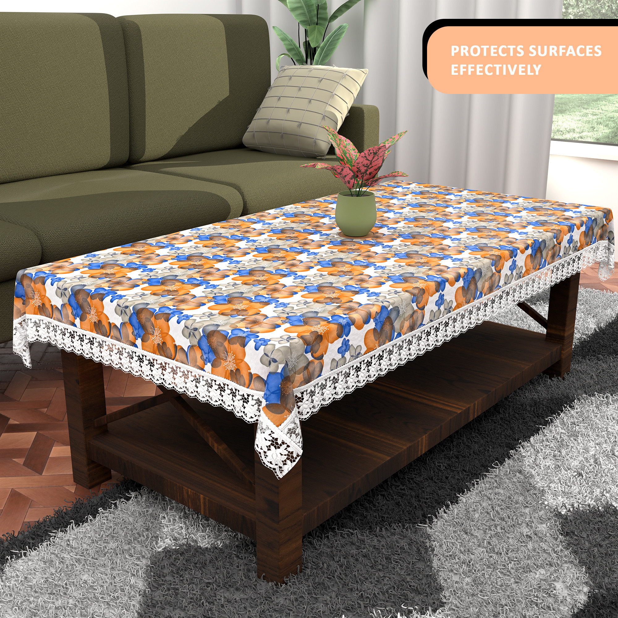 Kuber Industries 40x60 Inches Waterproof 4 Seater Dining Table Cover  Durable  Wipeable Centre Table Sheet Cloth  Protector for Home Bedroom  Office  Multi Floral - White Blue