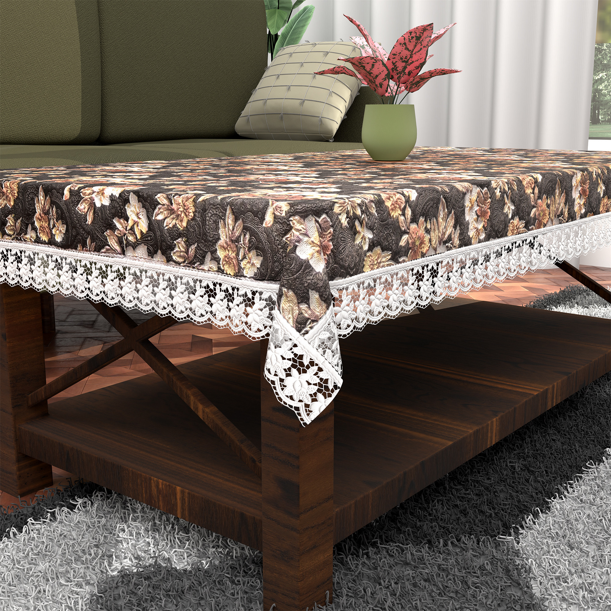 Kuber Industries 40x60 Inches Waterproof Rectangular 4 Seater Dining Table Cover for Living Room  Anti Slip TeapoyComputer  Office Table ClothSheet  Flower Print - Grey  Brown