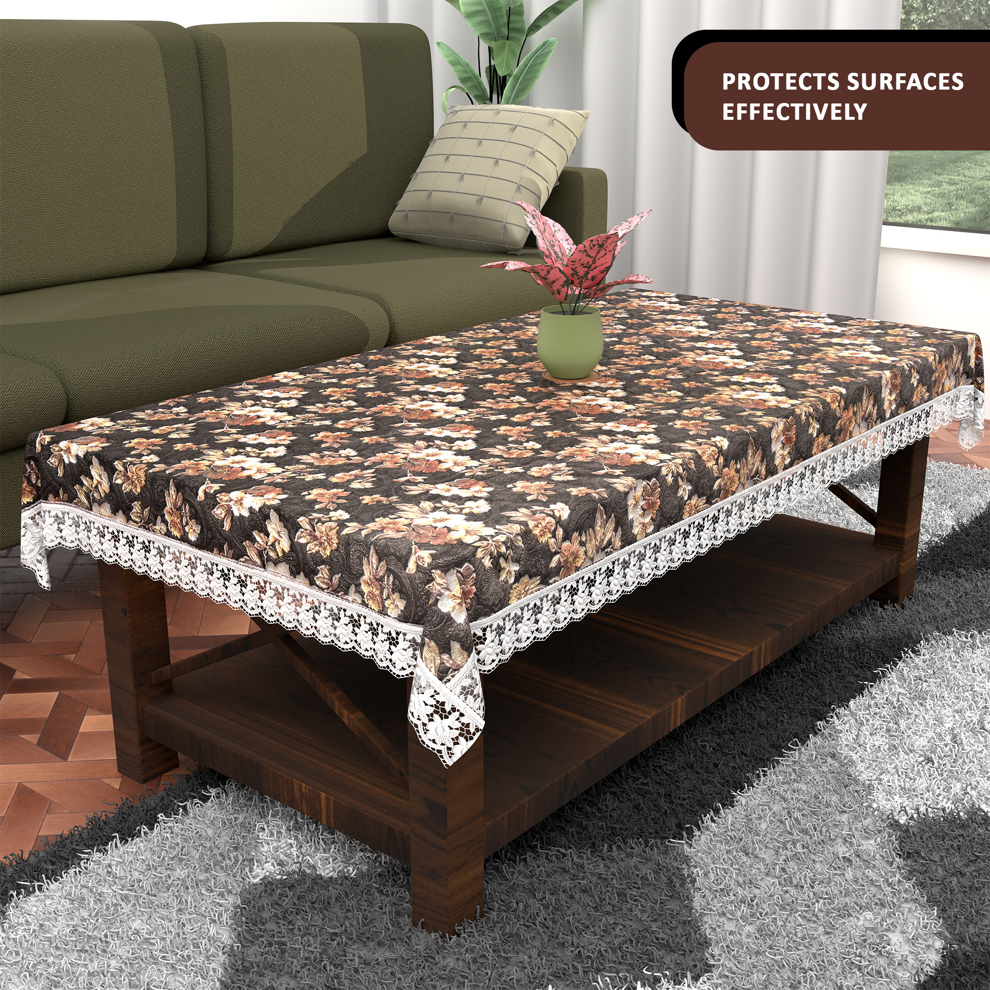 Kuber Industries 40x60 Inches Waterproof Rectangular 4 Seater Dining Table Cover for Living Room  Anti Slip TeapoyComputer  Office Table ClothSheet  Flower Print - Grey  Brown