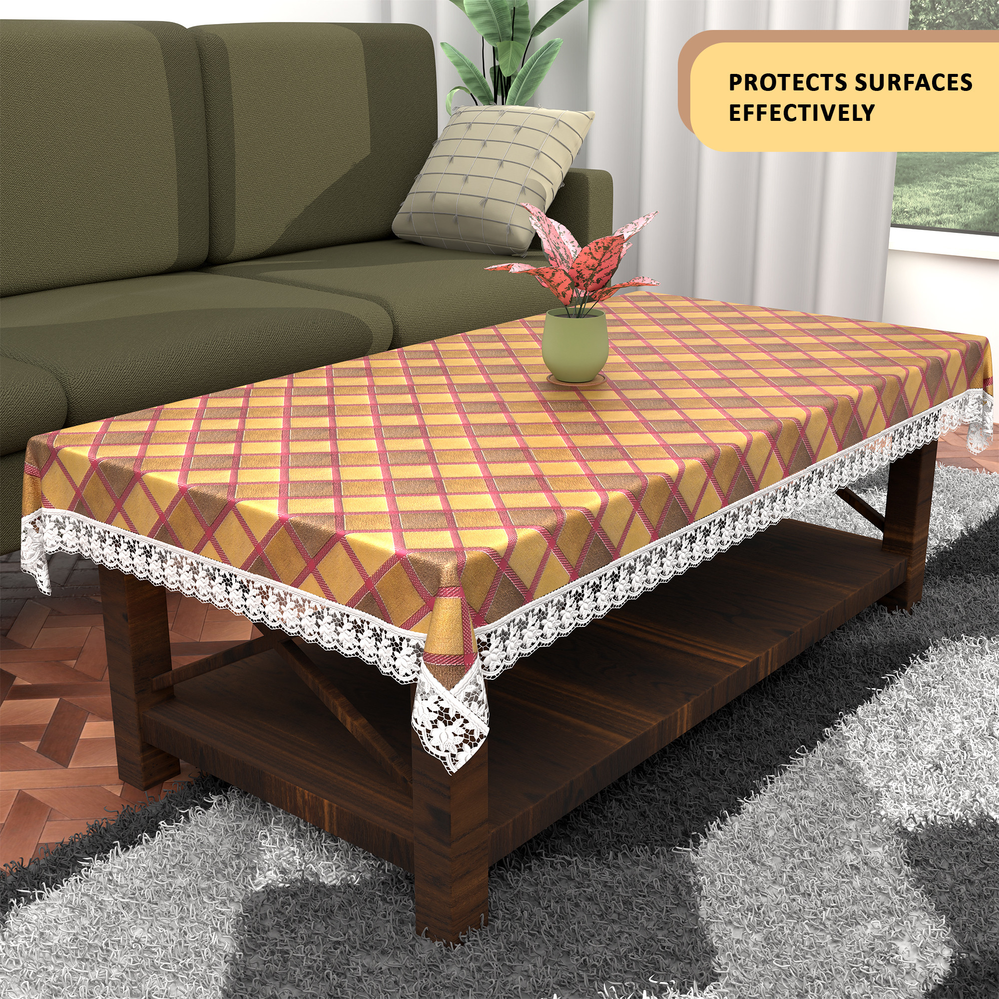 Kuber Industries 40x60 Inches Waterproof Rectangular 4 Seater Dining Table Cover for Living Room  Anti Slip TeapoyComputer  Office Table ClothSheet  Golden Check Print - Pink