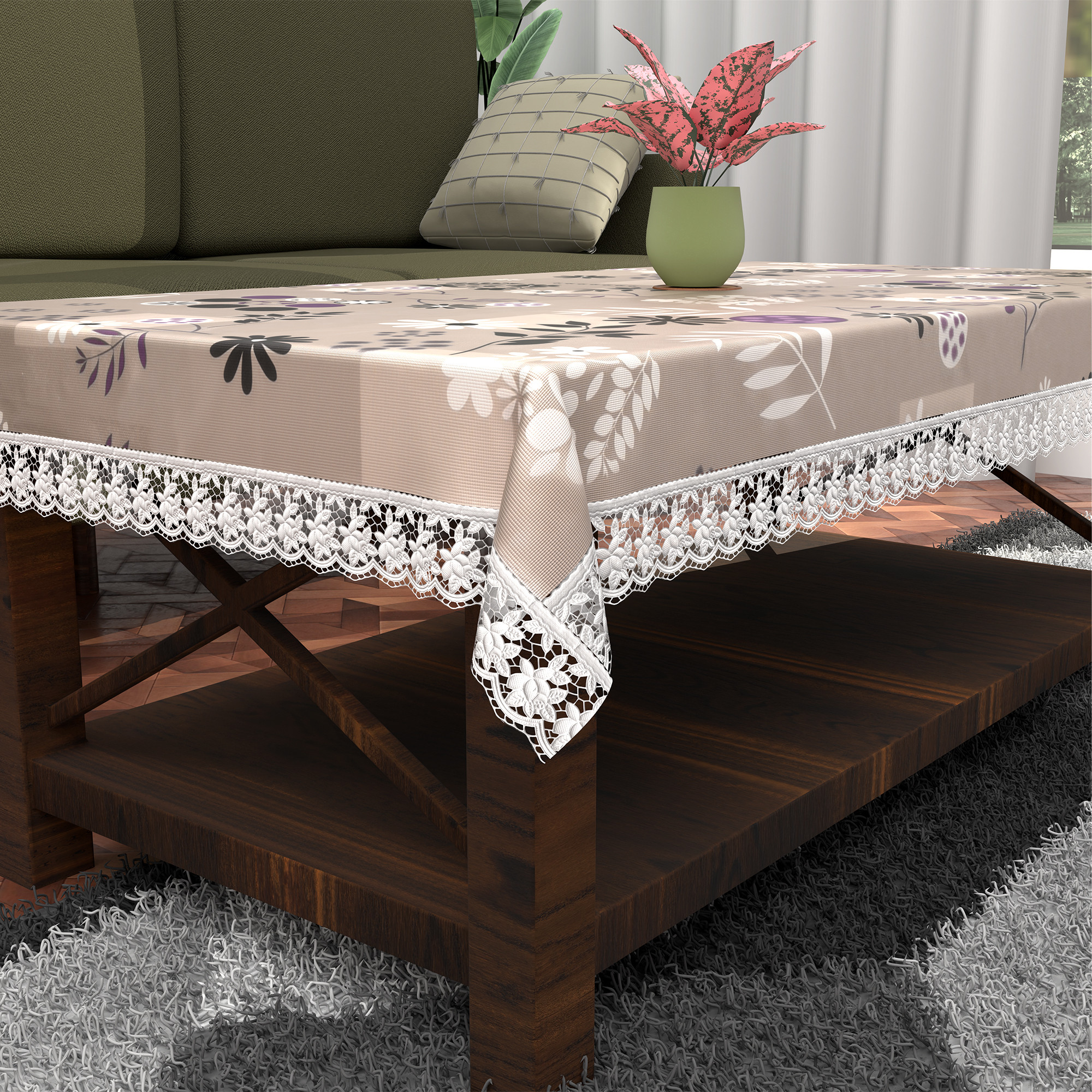 Kuber Industries 40x60 Inches Waterproof Rectangular 4 Seater Dining Table Cover for Living Room  Anti Slip TeapoyComputer  Office Table Cloth  Flower Circle Print - Light Brown