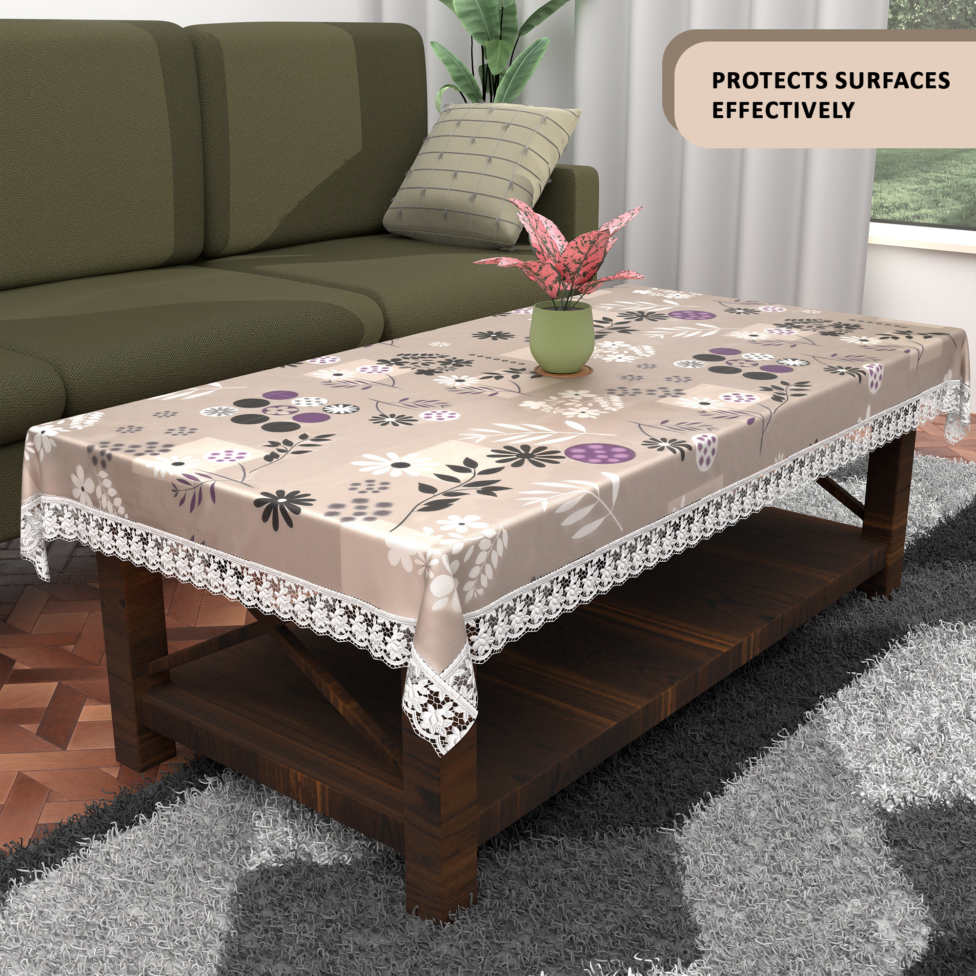 Kuber Industries 40x60 Inches Waterproof Rectangular 4 Seater Dining Table Cover for Living Room  Anti Slip TeapoyComputer  Office Table Cloth  Flower Circle Print - Light Brown