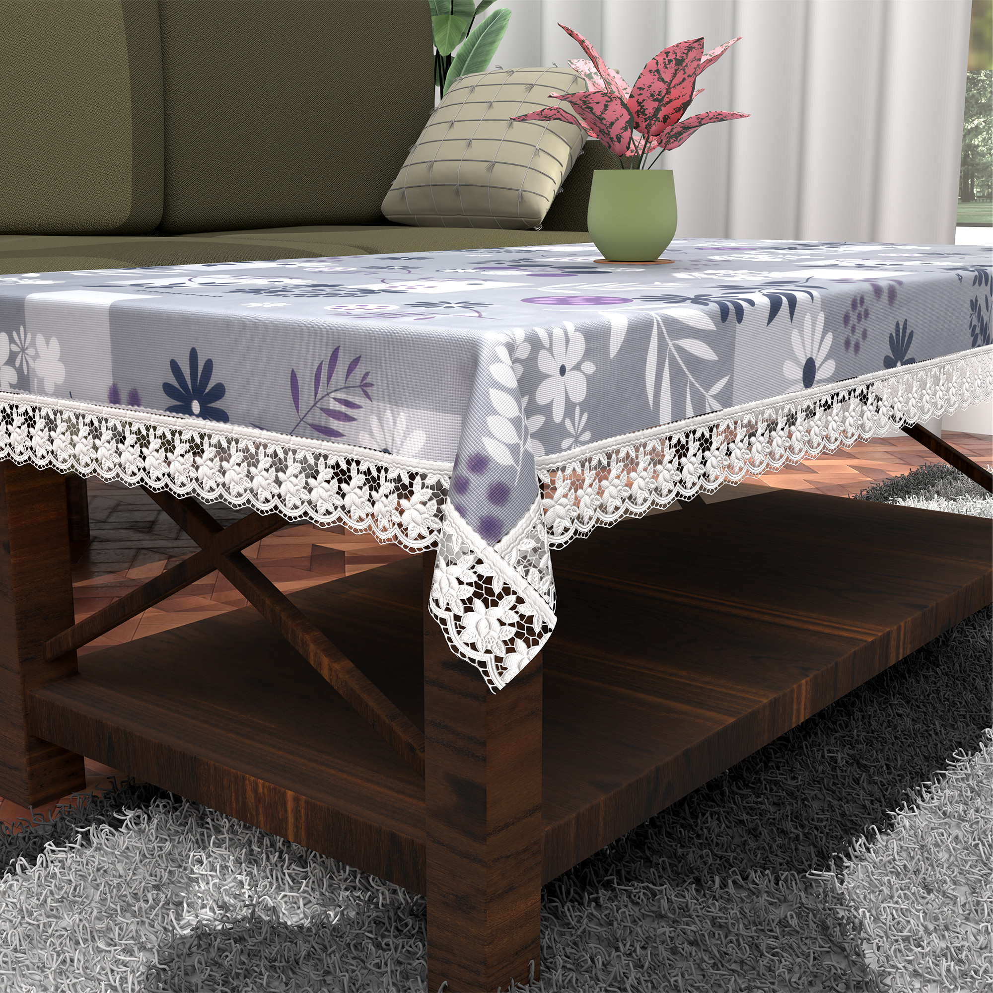 Kuber Industries 40x60 Inches Waterproof Rectangular 4 Seater Dining Table Cover for Living Room  Anti Slip TeapoyComputer  Office Table Cloth  Flower Circle Print - Grey