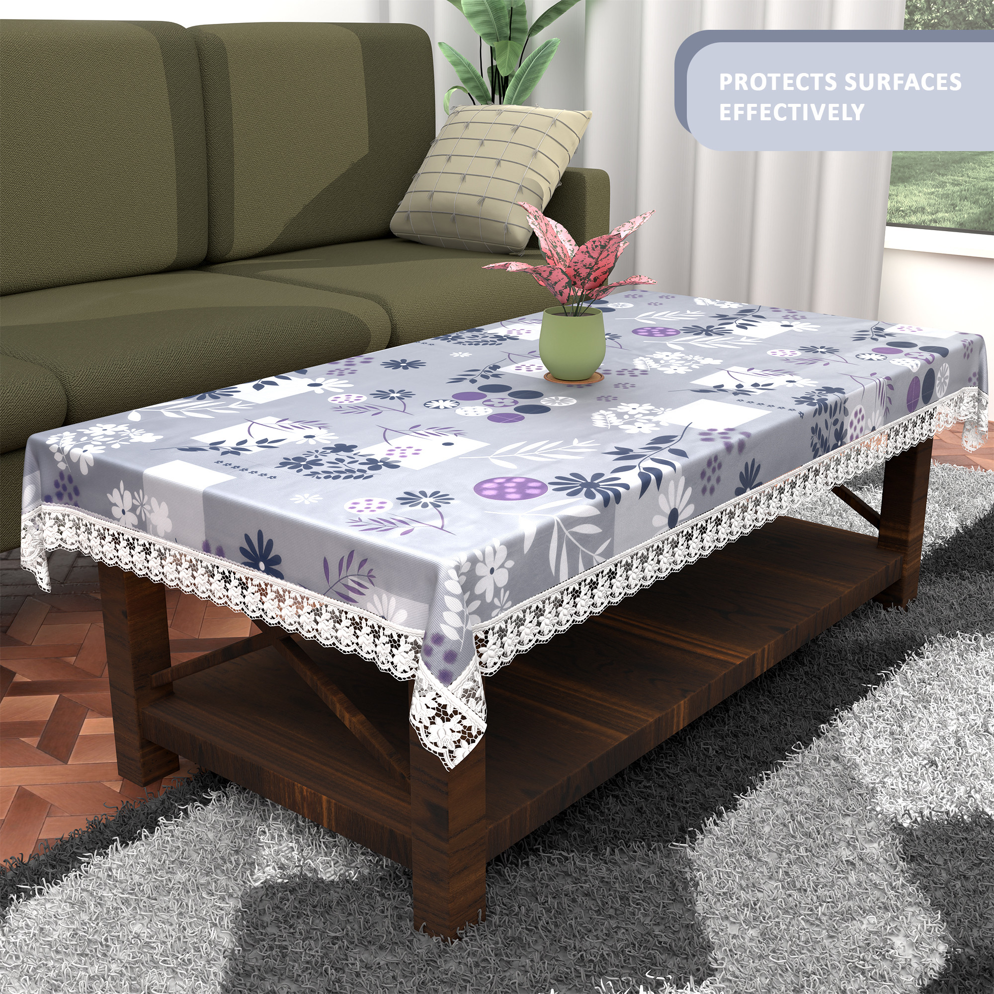 Kuber Industries 40x60 Inches Waterproof Rectangular 4 Seater Dining Table Cover for Living Room  Anti Slip TeapoyComputer  Office Table Cloth  Flower Circle Print - Grey