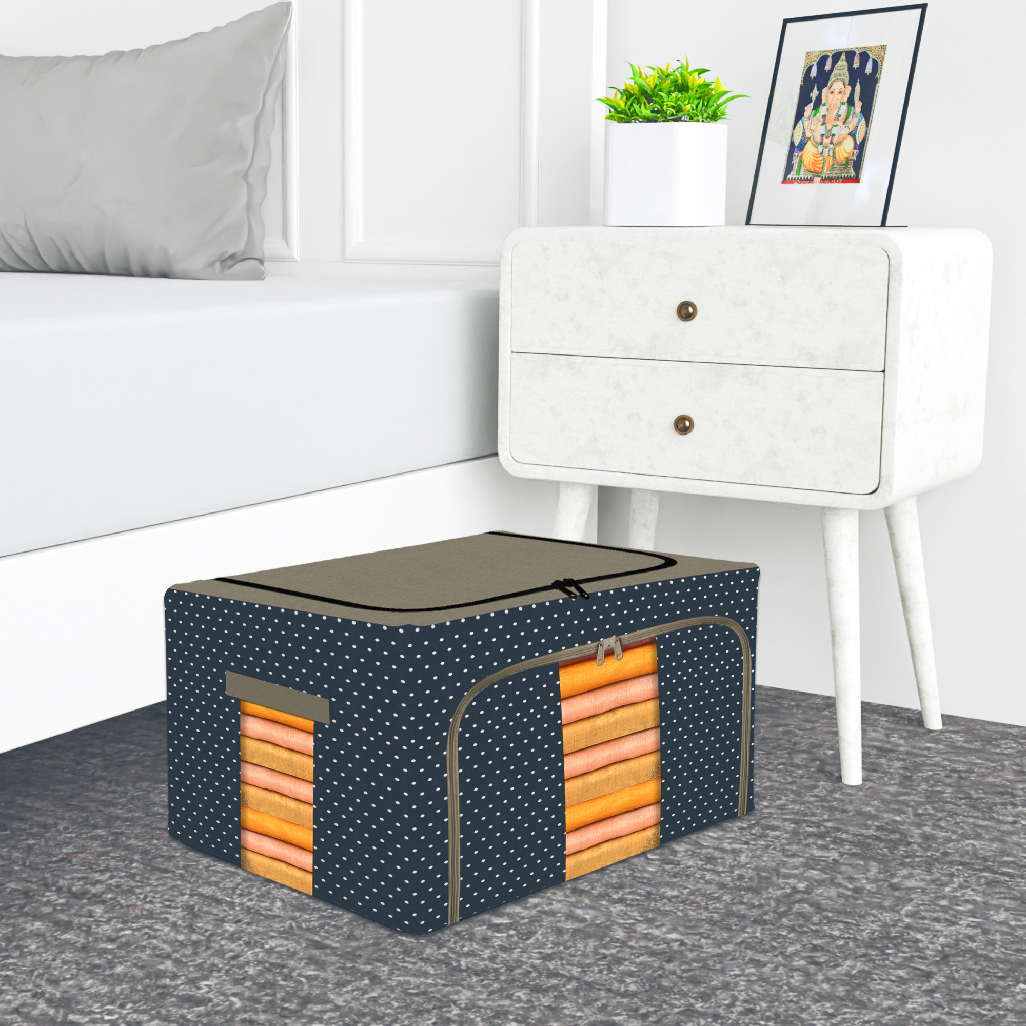 Kuber Industries 44 Liter Clothes Storage Box  Foldable Steel Frame Clothes Organizer  Storage Box For Wardrobe-Saree-Shirts And Blankets  Underbed Storage Bag  Dot Print  Navy Blue