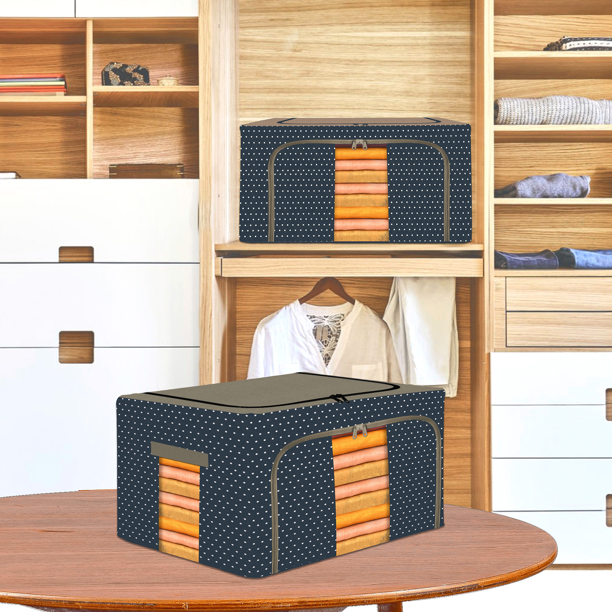 Kuber Industries 44 Liter Clothes Storage Box  Foldable Steel Frame Clothes Organizer  Storage Box For Wardrobe-Saree-Shirts And Blankets  Underbed Storage Bag  Dot Print  Navy Blue