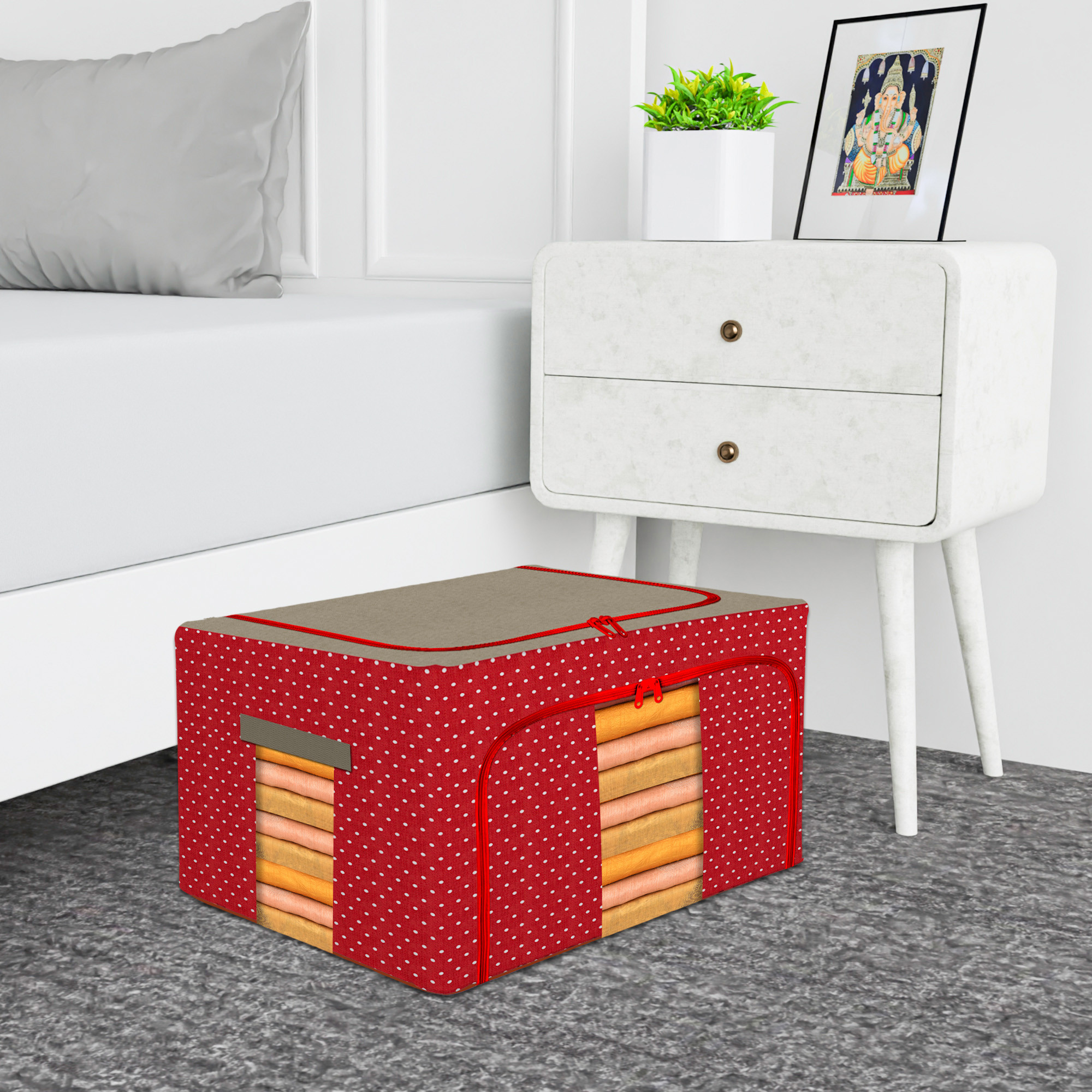 Kuber Industries 44 Liter Clothes Storage Box  Foldable Steel Frame Clothes Organizer  Storage Box For Wardrobe-Saree-Shirts And Blankets  Underbed Storage Bag  Dot Print  Red  Brown