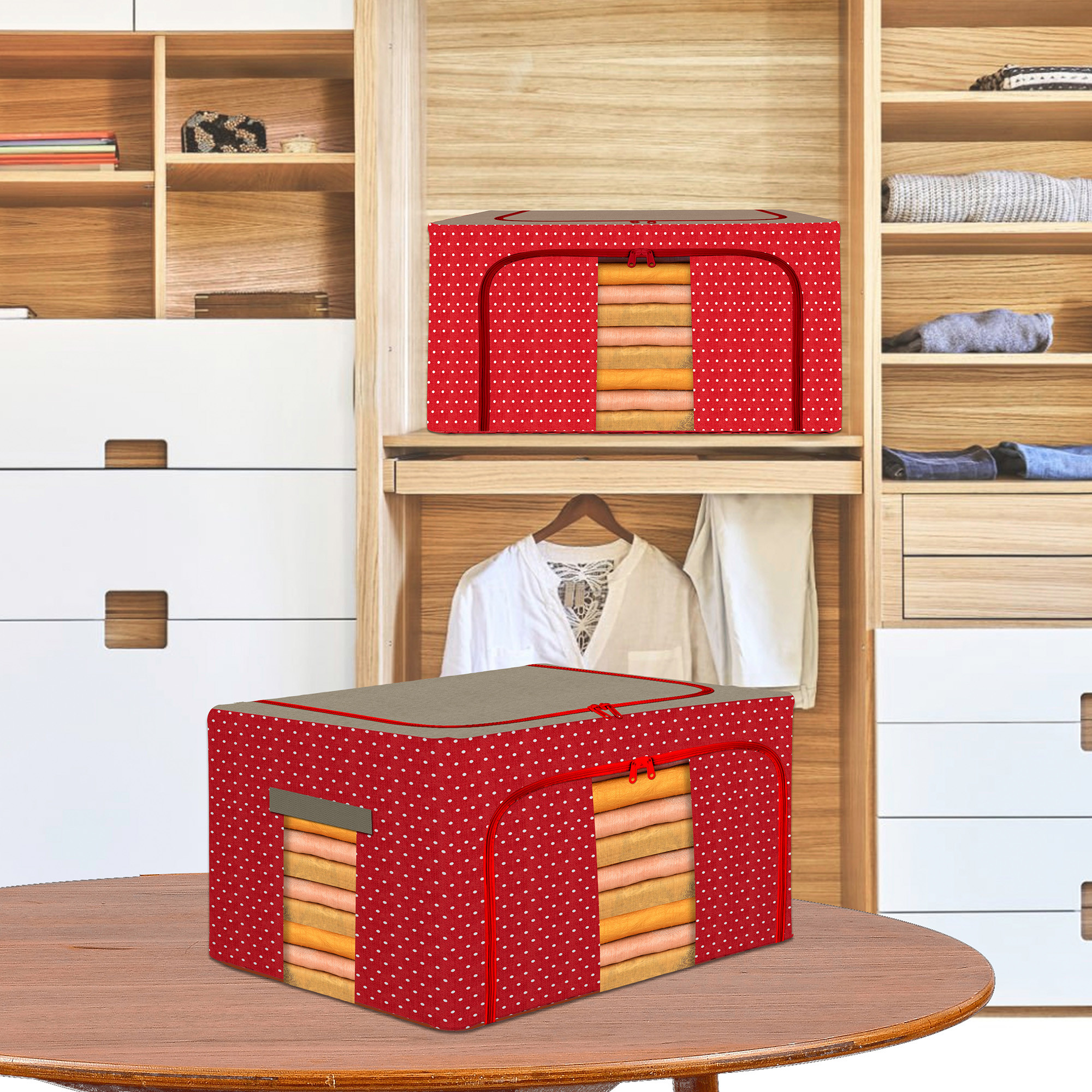 Kuber Industries 44 Liter Clothes Storage Box  Foldable Steel Frame Clothes Organizer  Storage Box For Wardrobe-Saree-Shirts And Blankets  Underbed Storage Bag  Dot Print  Red  Brown