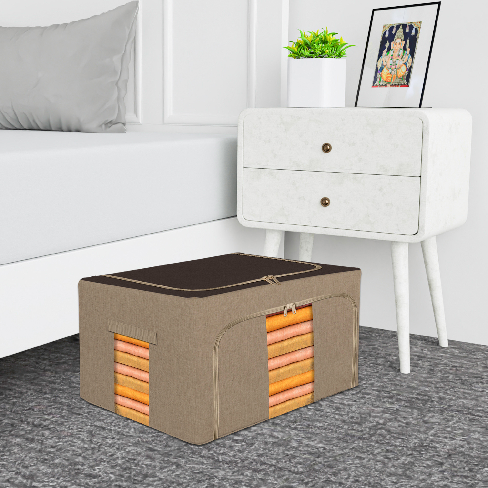Kuber Industries 44 Liter Clothes Storage Box  Foldable Steel Frame Clothes Organizer  Storage Box For Wardrobe-Saree-Shirts And Blankets  Underbed Storage Bag  Brown