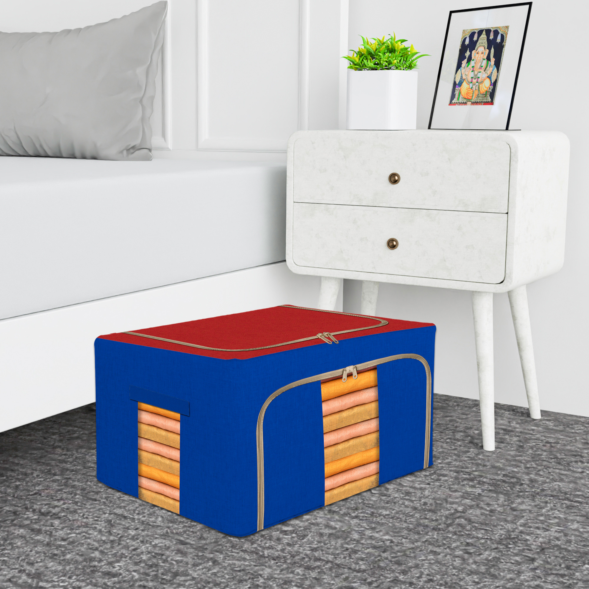 Kuber Industries 44 Liter Clothes Storage Box  Foldable Steel Frame Clothes Organizer  Storage Box For Wardrobe-Saree-Shirts And Blankets  Underbed Storage Bag  Red  Blue