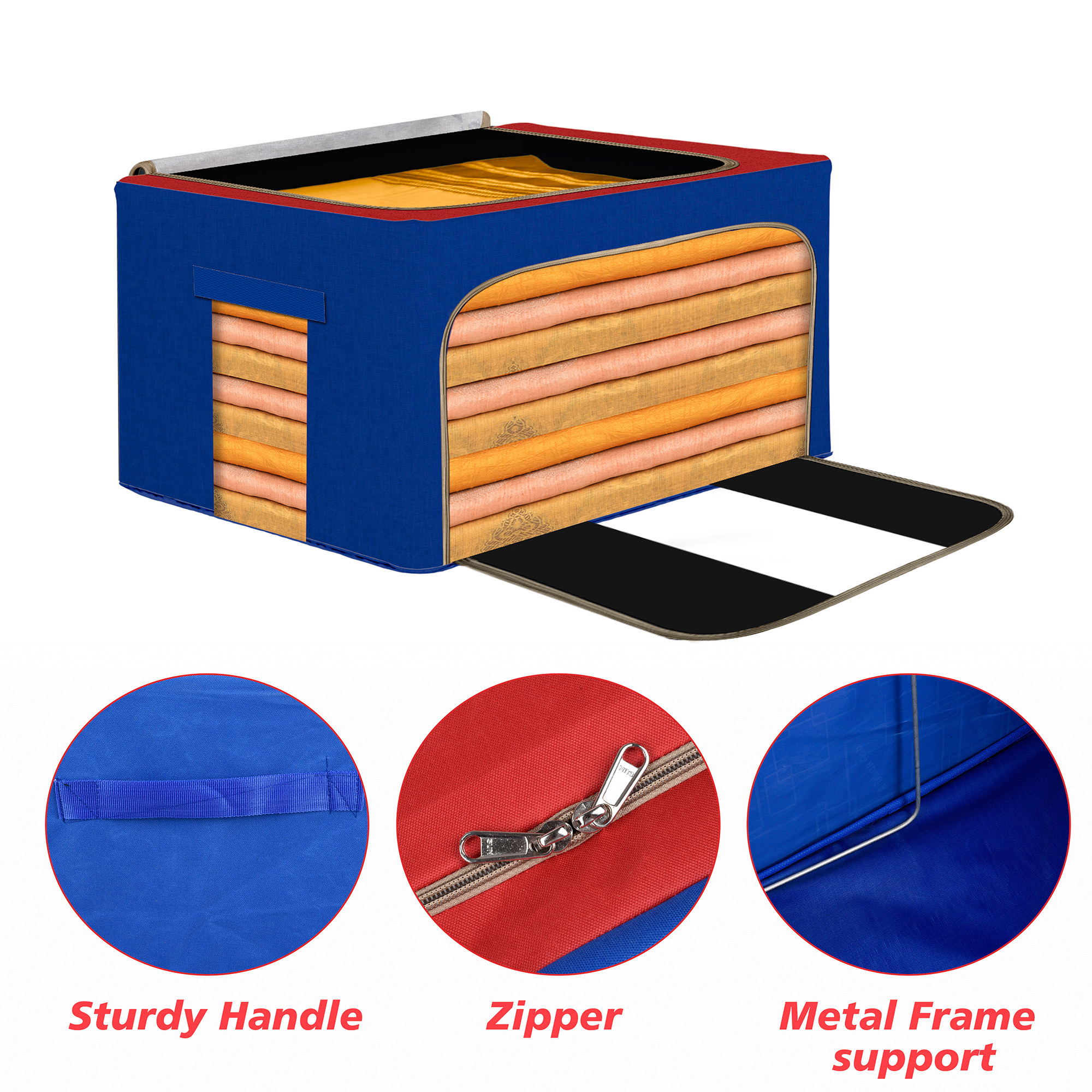 Kuber Industries 44 Liter Clothes Storage Box  Foldable Steel Frame Clothes Organizer  Storage Box For Wardrobe-Saree-Shirts And Blankets  Underbed Storage Bag  Red  Blue