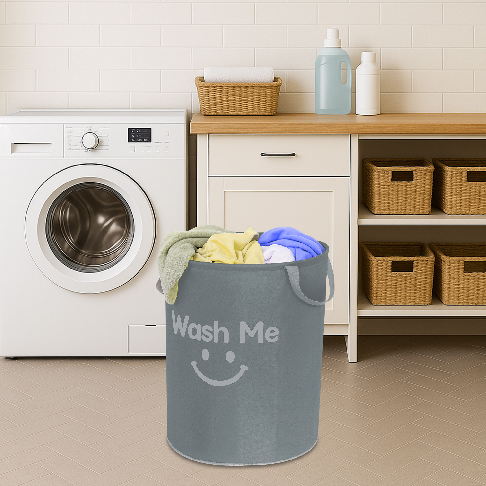 Kuber Industries 45 L Parachute Foldable Laundry Bag for Clothes and Toys with Carry Handles  Reusable Laundry Storage Bin  Basket for Clothes Storage  Grey