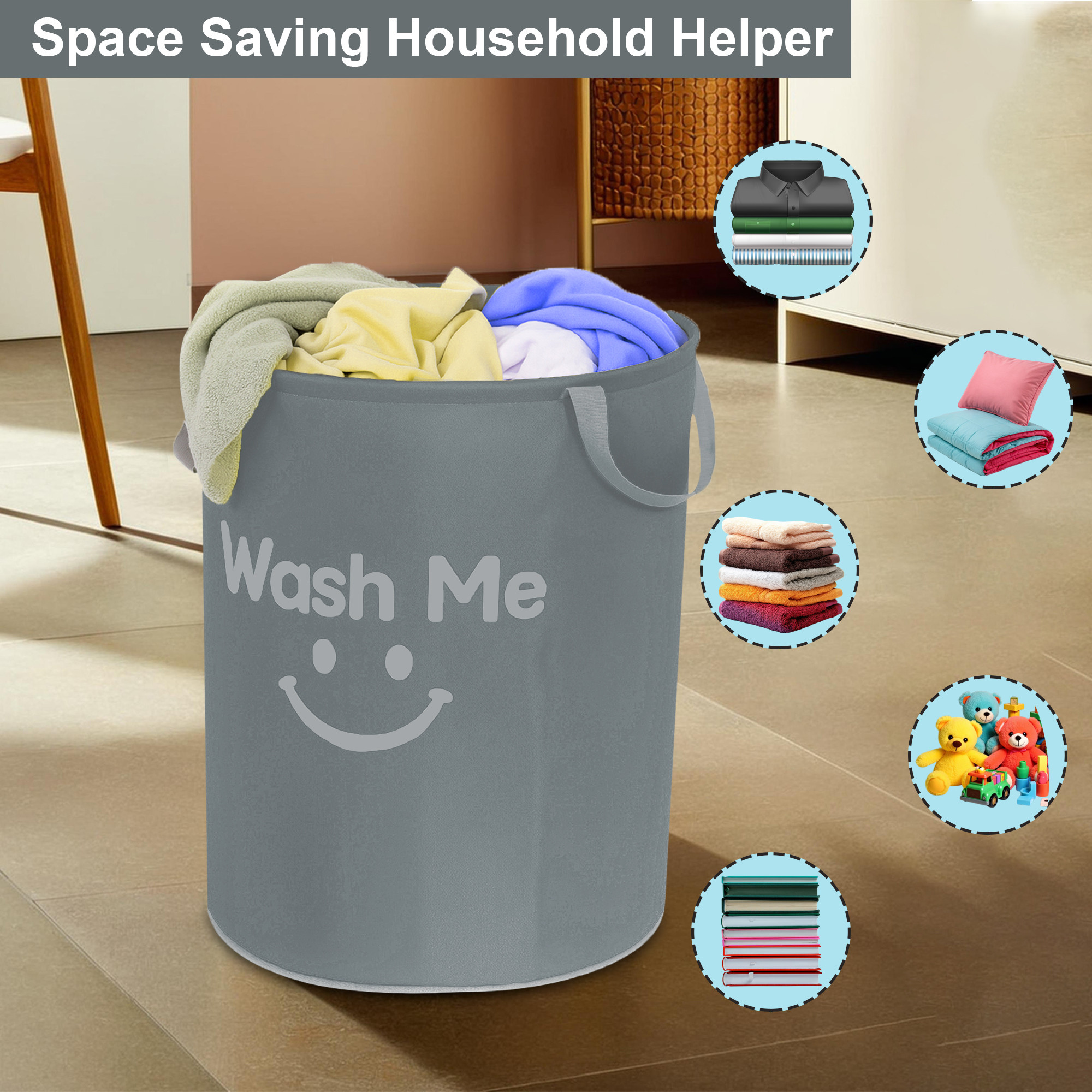 Kuber Industries 45 L Parachute Foldable Laundry Bag for Clothes and Toys with Carry Handles  Reusable Laundry Storage Bin  Basket for Clothes Storage  Grey